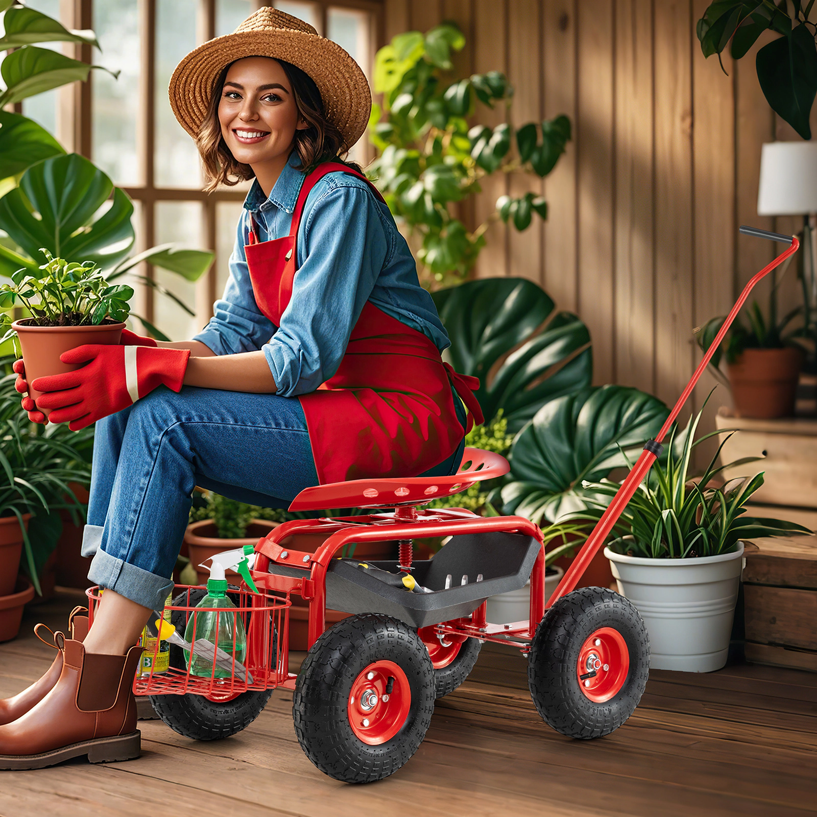 SUGIFT Extendable Handle Garden Cart Rolling Wagon Scooter with 10-in Wheels 330-lb Capacity Steel Frame Red