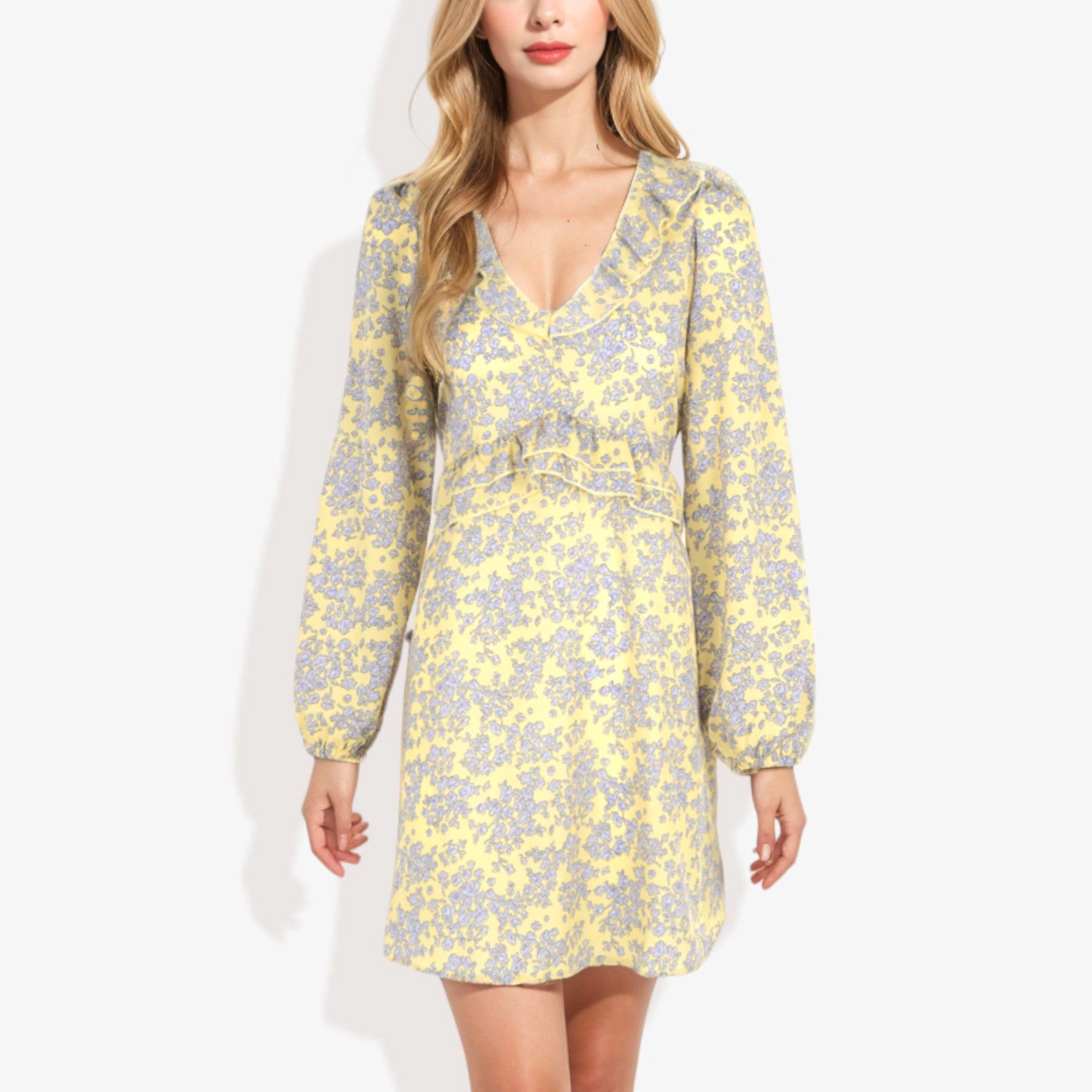 Anna-Kaci Women's Long Sleeve Floral Print V-Neck Tie Front Mini Dress