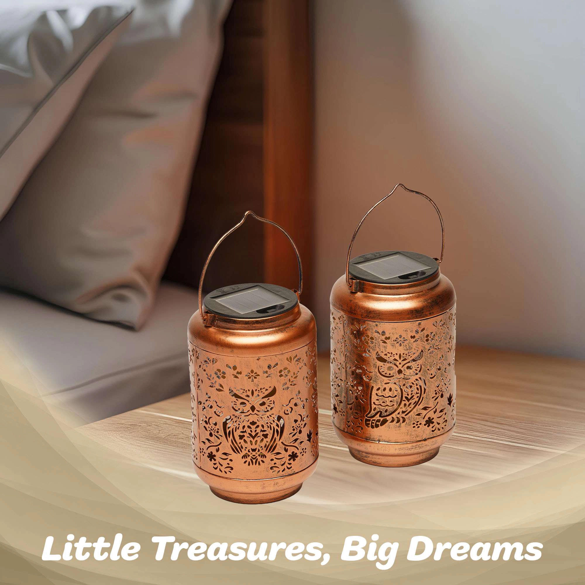 G128 2-Pack Solar Owl Outdoor Lantern, Antique Copper Metal Waterproof Hanging Lantern with Warm White LED, 6.75 in