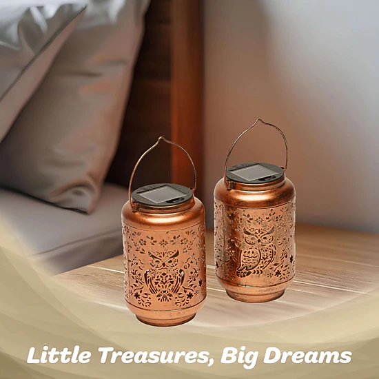 G128 2-Pack Solar Owl Outdoor Lantern, Antique Copper Metal Waterproof Hanging Lantern with Warm White LED, 6.75 in