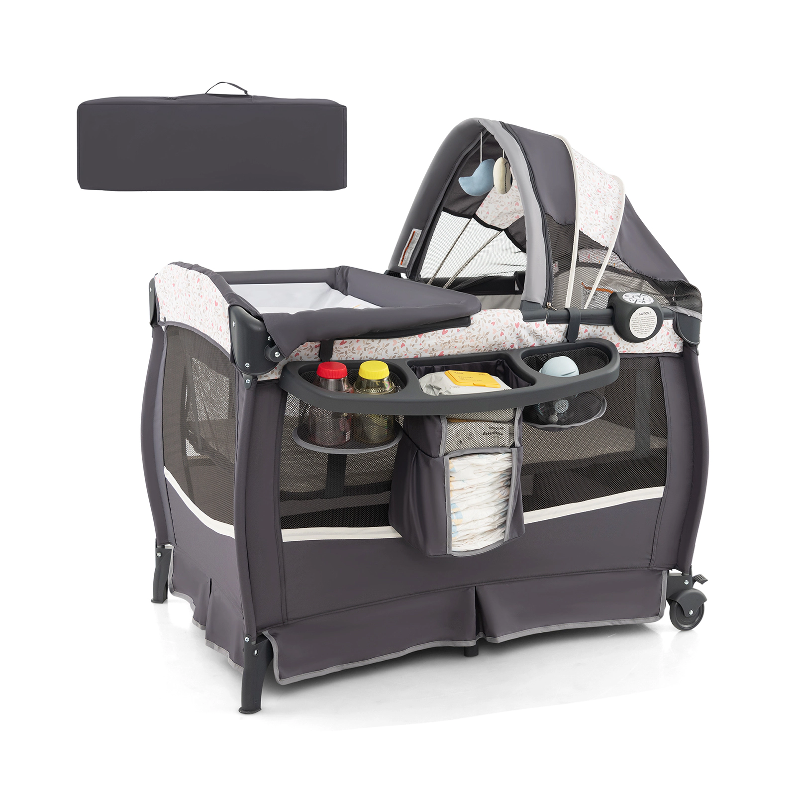 SUGIFT 4-in-1 Portable Pack and Play Baby Nursery Center with Bassinet 33-lb Capacity Ages 0-3 Years Black/Gray