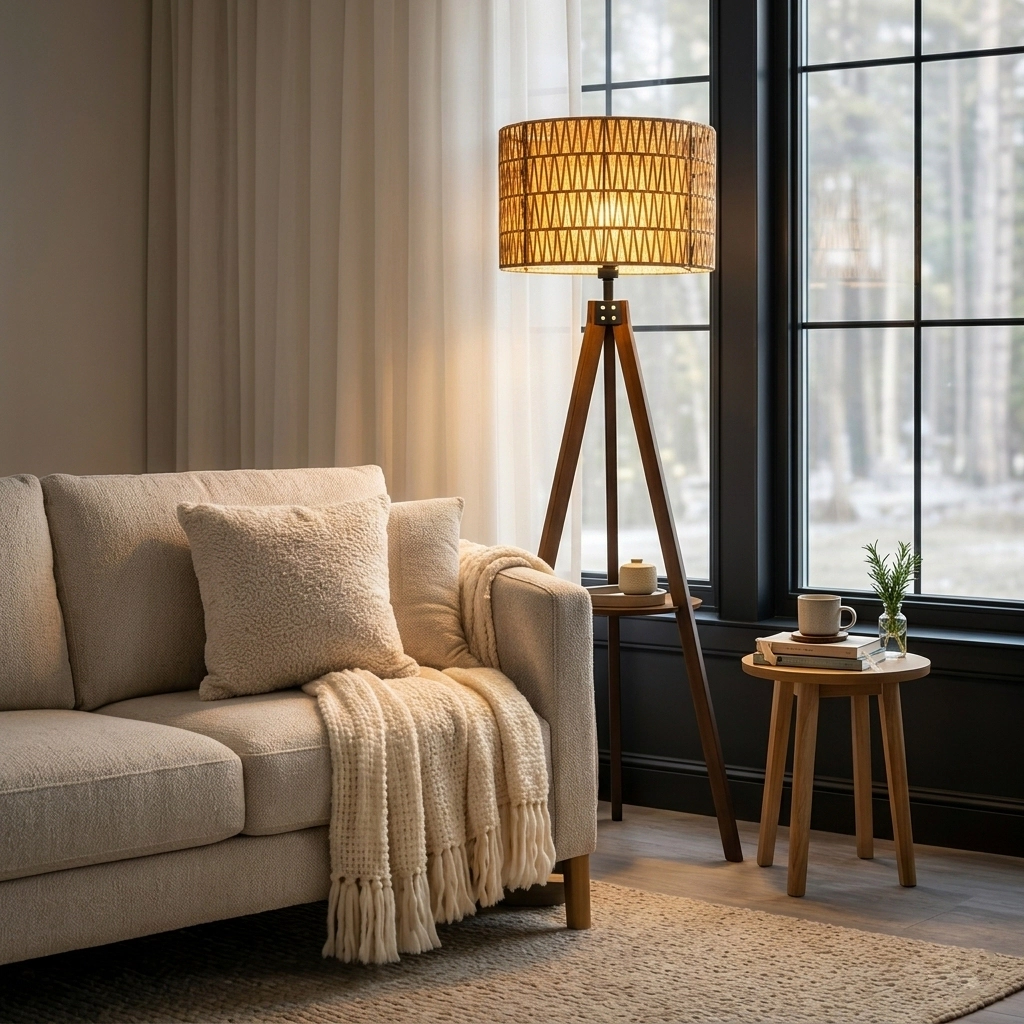 Mega Casa 59'' Tall Boho Tripod Floor Lamp with Wooden Shelf, Standing Lamp with Hand-Woven Rattan Shade