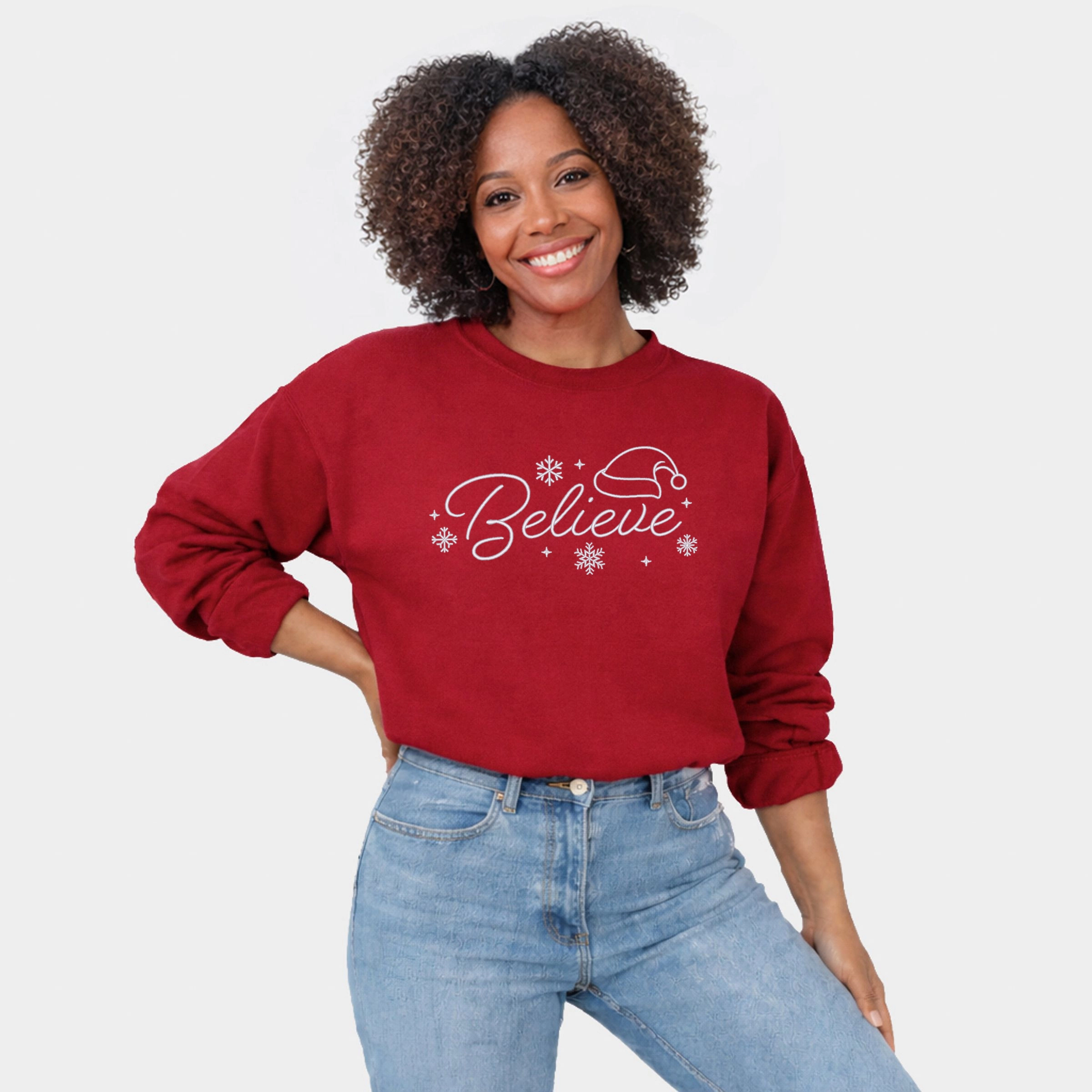 Simply Sage Market - Women's Graphic Sweatshirt Embroidered Believe Snowflake