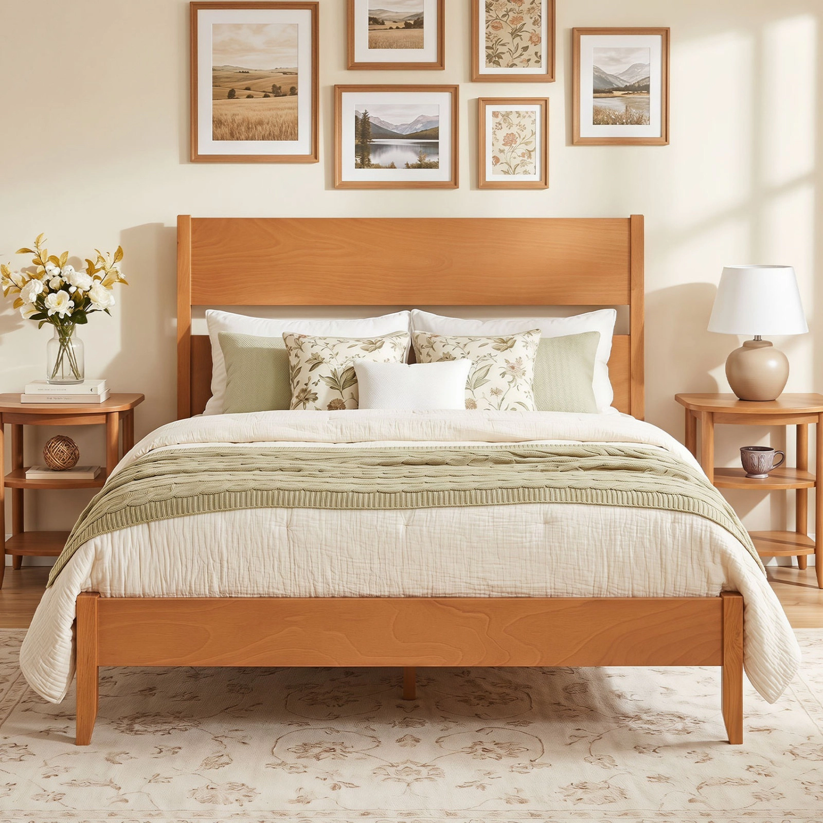 SUGIFT Full Wood Platform Bed, Panel Headboard and Footboard, 800-lb Capacity, Warm Brown