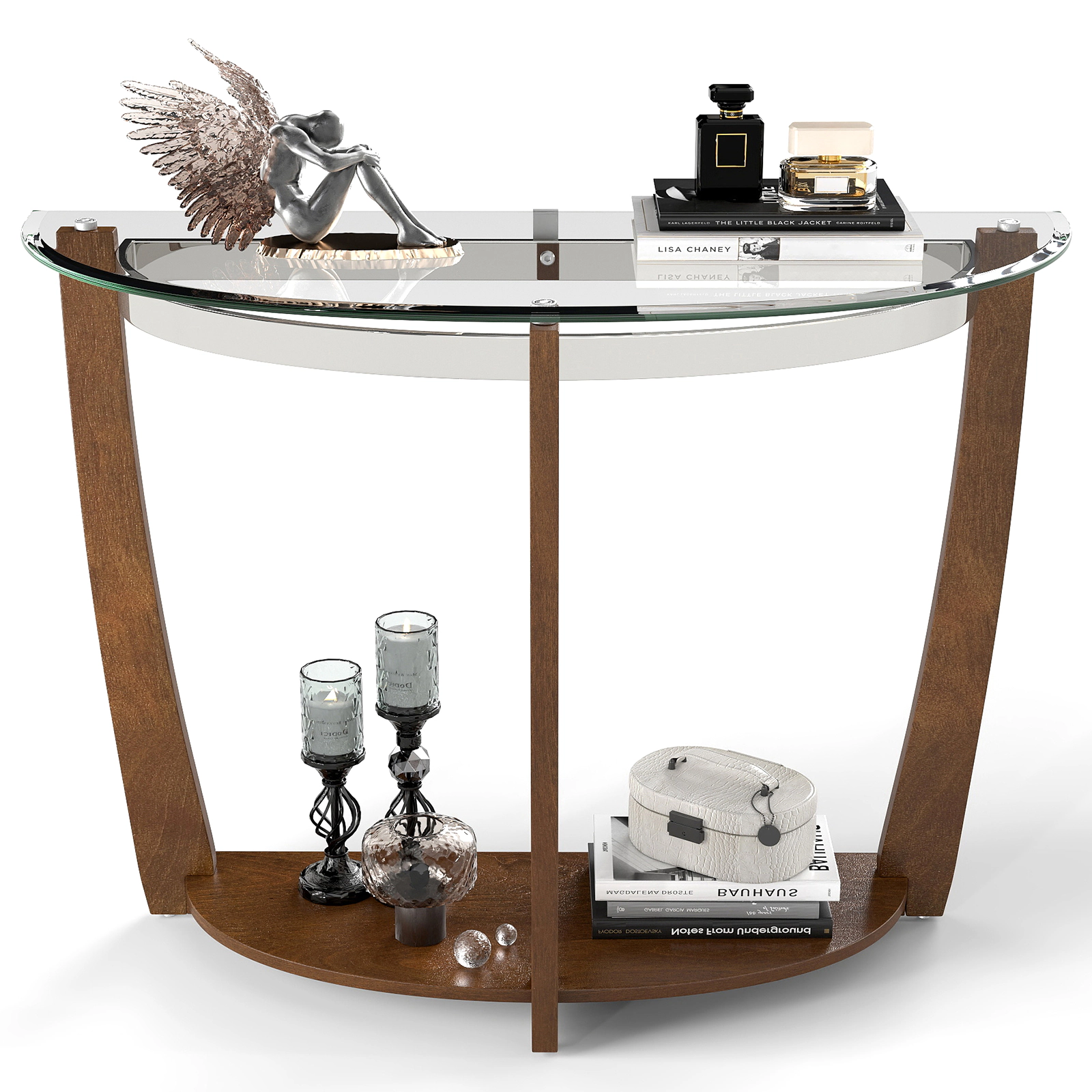 Glintex Half-Moon Tempered Glass Console Table with 300-Lb Top and Birch Veneer Shelf