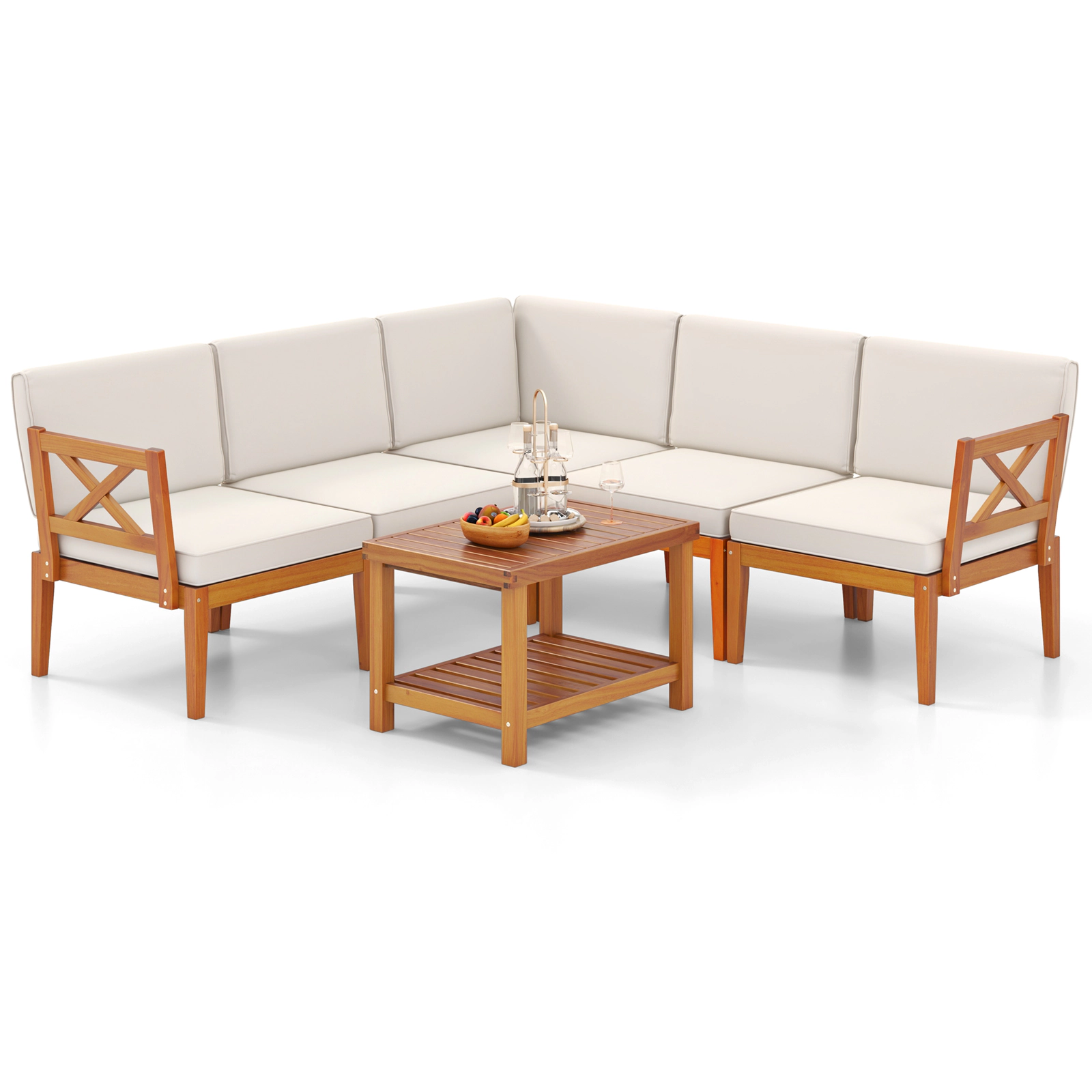 LJG 6 Pieces Acacia Wood Patio Furniture Set with Cushions and 2-Tier Coffee Table
