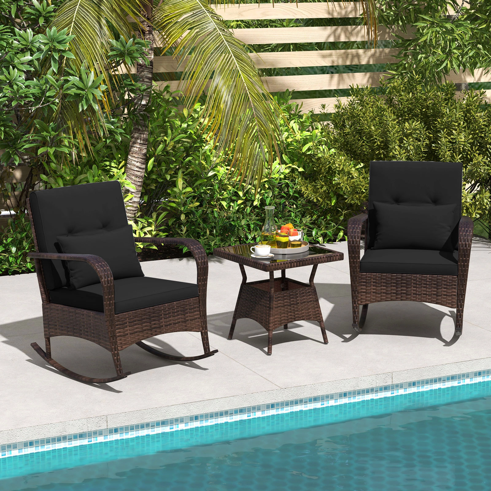 Hivvago 3 Piece Outdoor Rocking Set with Tempered Glass Coffee Table for Backyard Poolside