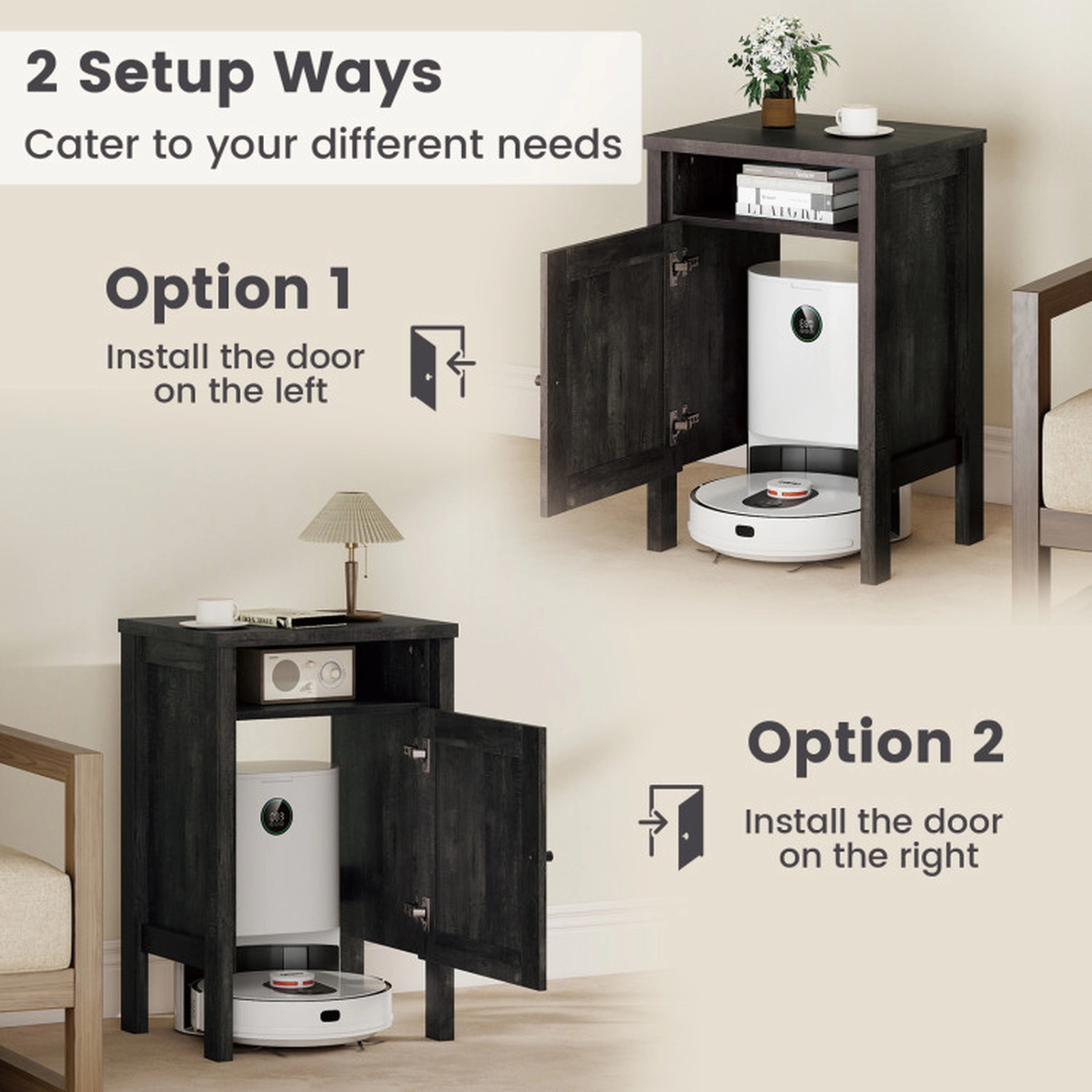 SUGIFT Gray Door and Open Shelf for Living Room Robot Vacuum Storage Cabinet