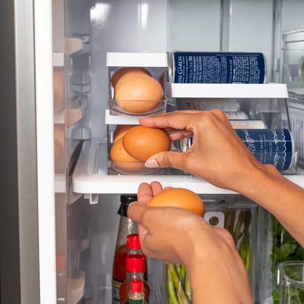 OU Egg Holder for Fridge, Rolling Egg Organizer, Clear Stackable Refrigerator Storage Container, BPA Free, 2 Piece Set