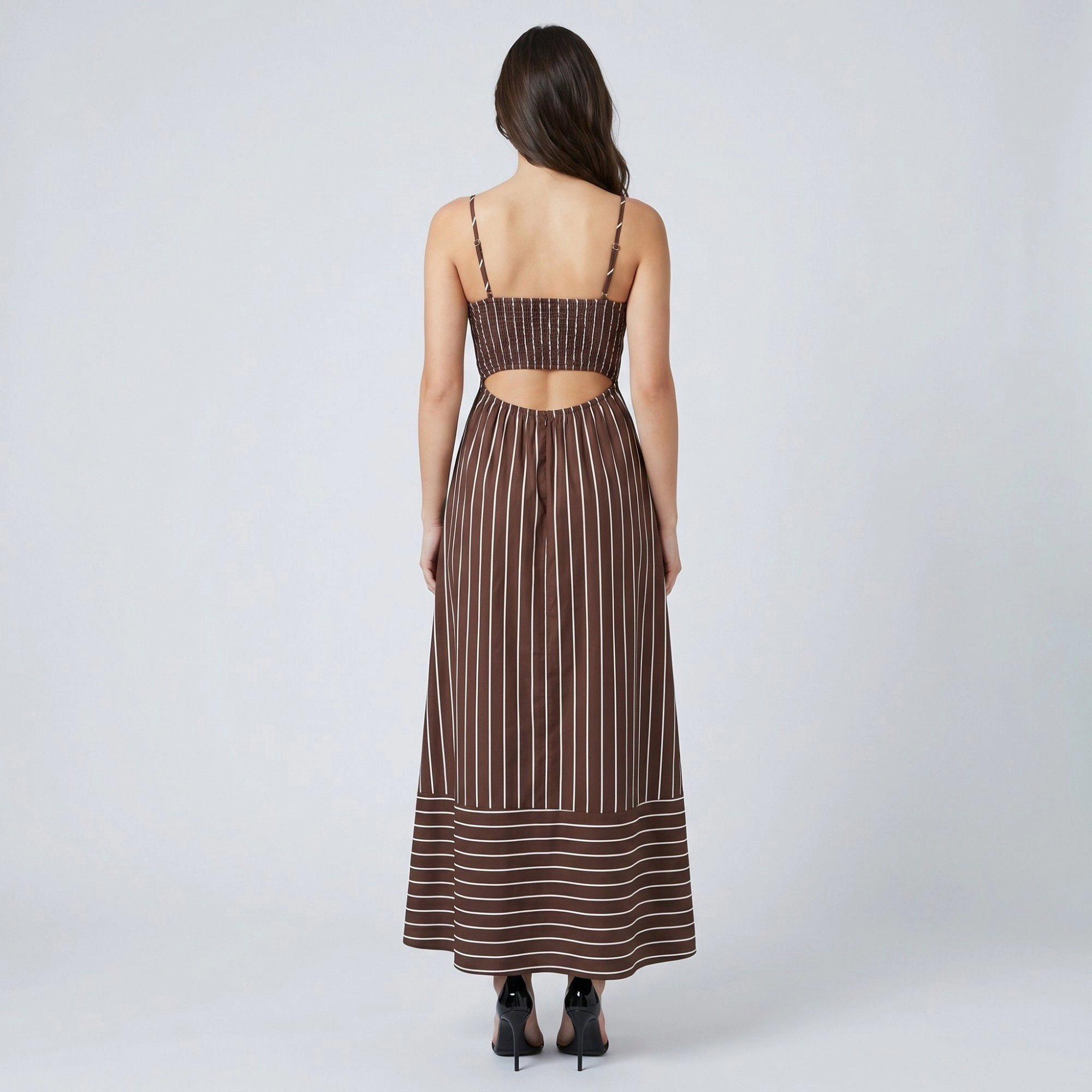 Anna-Kaci Women's Striped Square Neck Sleeveless Fitted Adjustable Straps Tiered A-Line Skirt Maxi Dress