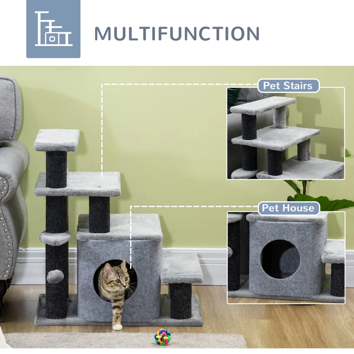 212 Main Paw Hut Adjustable Height 3 & 4 Step Cat Stairs - Gray