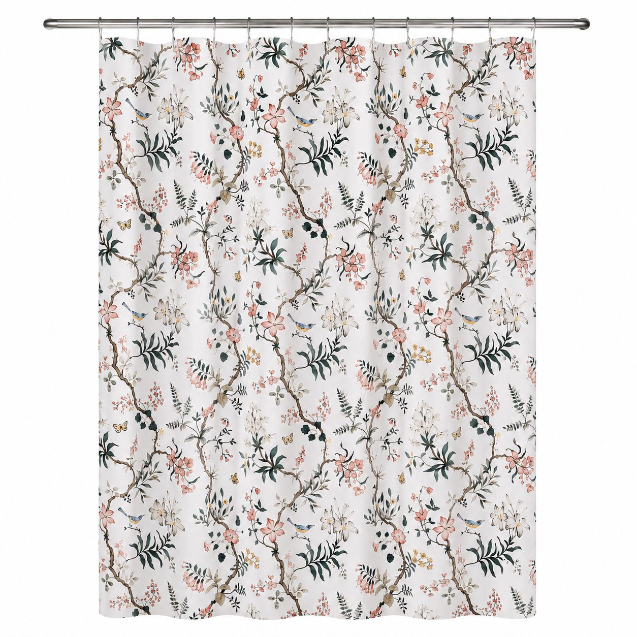Kate Aurora Botanical Gardens & Birds Chic Fabric Shower Curtain