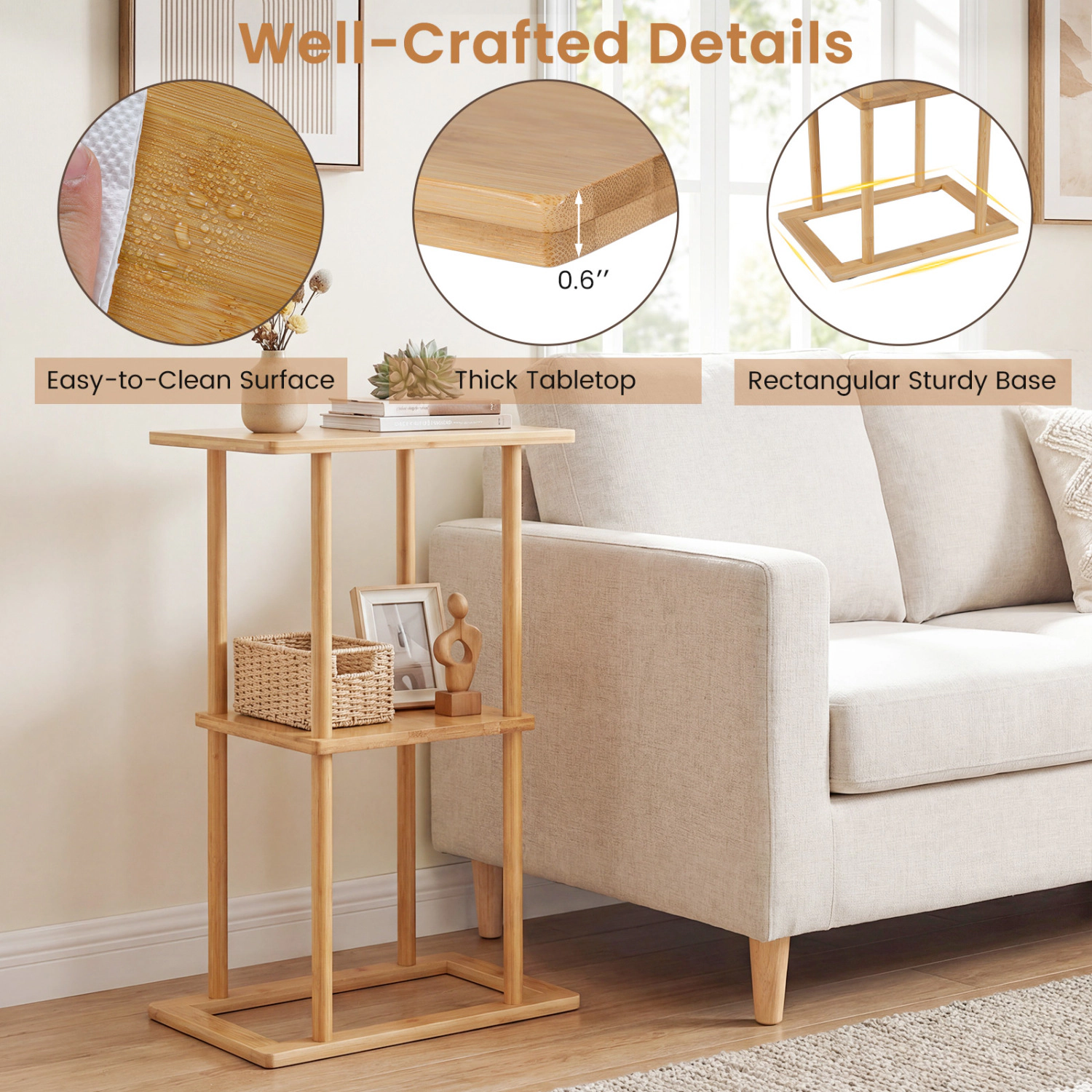 Glintex 2-Piece Bamboo Side Table Set with 0.6-Inch Thick Top and Wide Middle Shelf, Natural