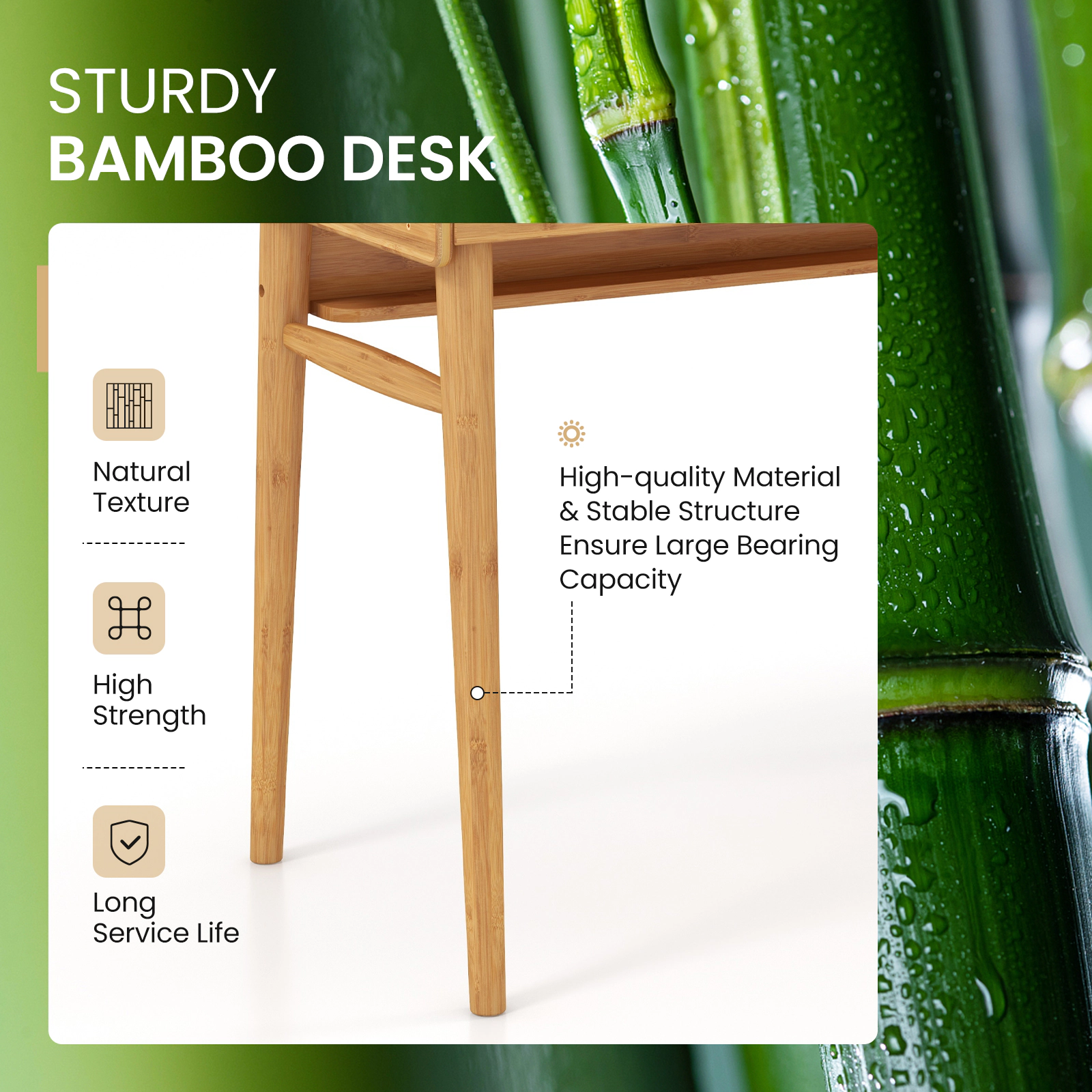 SUGIFT 39.5-in Natural Bamboo Writing Desk with 2 Drawers, Shelf and Cable Management