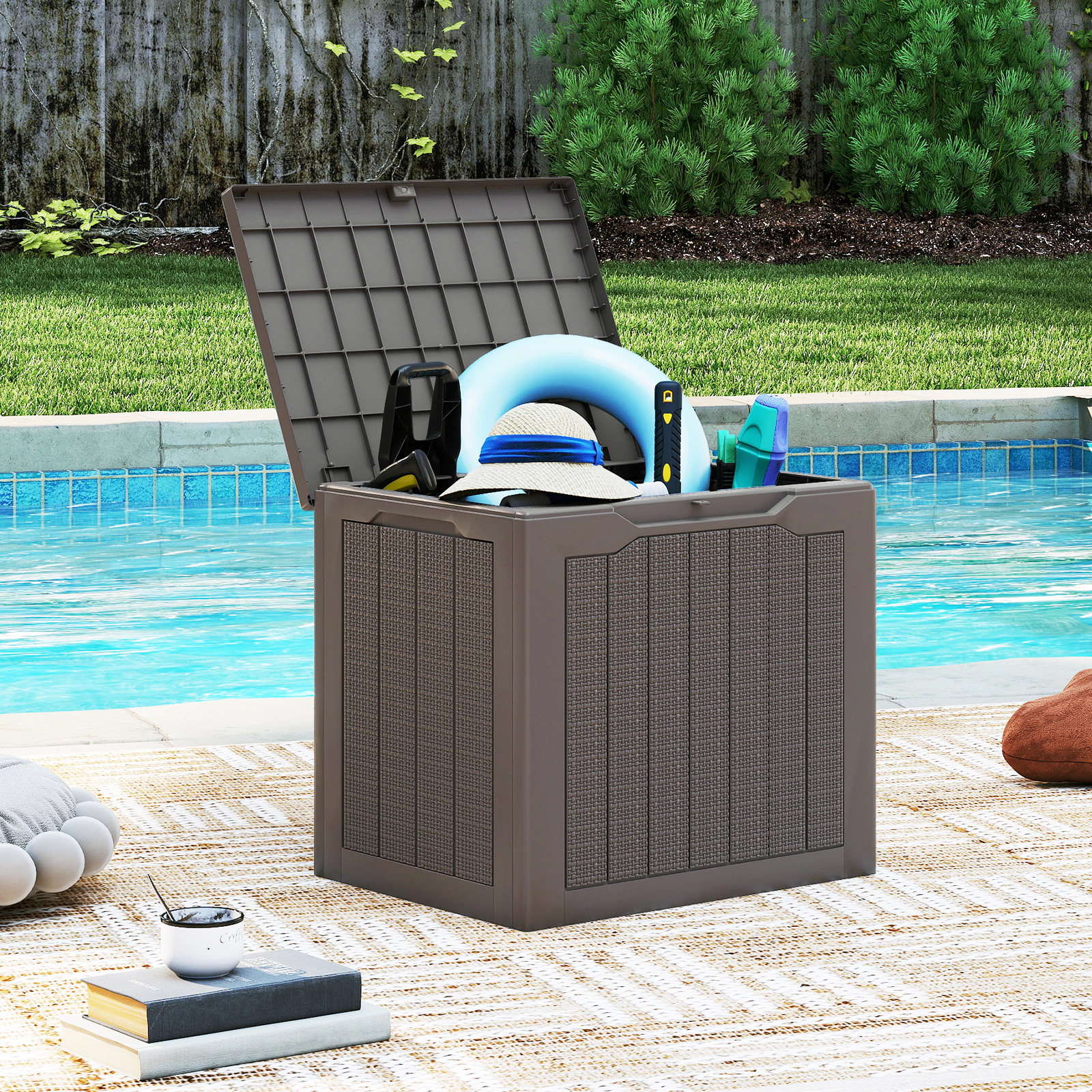 SUGIFT 25-Gal 330-lb Capacity Lockable Brown Wicker Small Deck Box Outdoor Storage Container with Lid