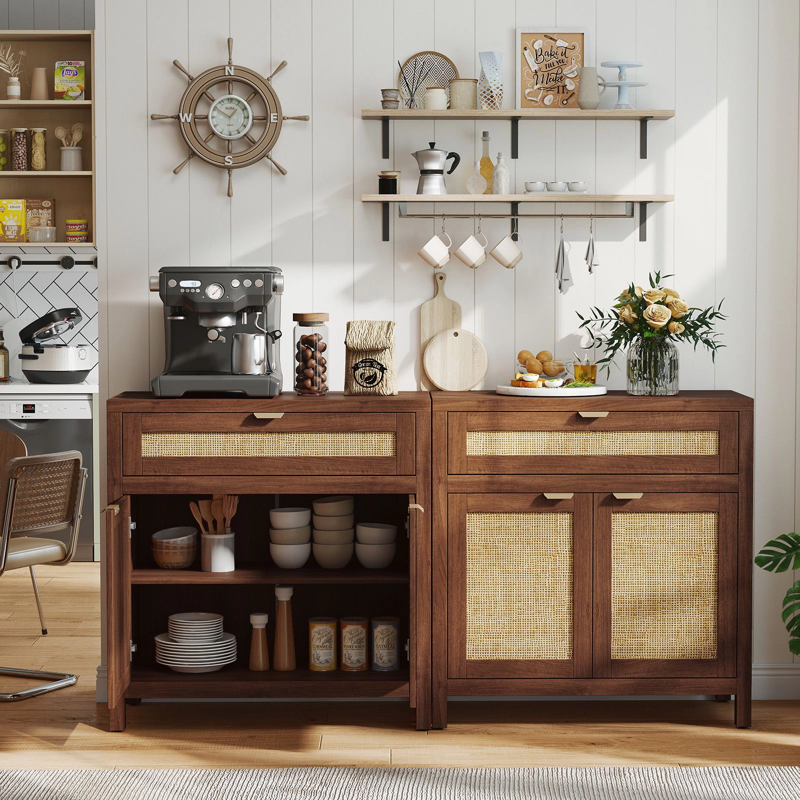 SlickBlue Modern Storage Cabinet with Drawer and Rattan Accents for Dining Room