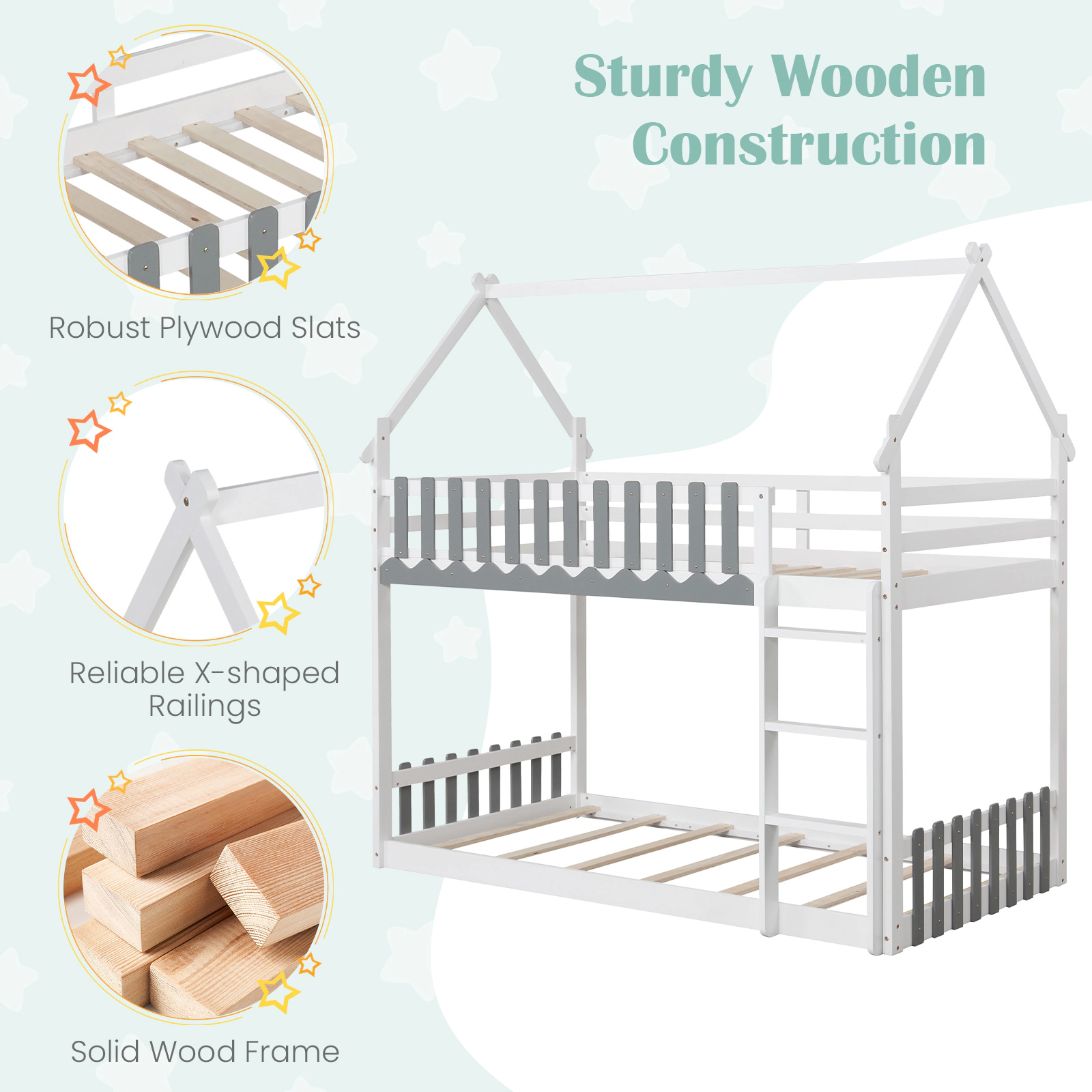 SUGIFT White House Frame Fence Rails and Ladder Twin Over Twin Kids Bunk Bed