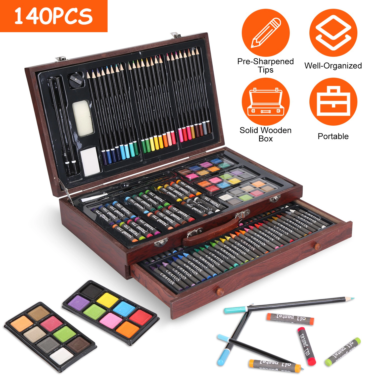 GBruno 140-Piece Wooden Box Art Supply Set