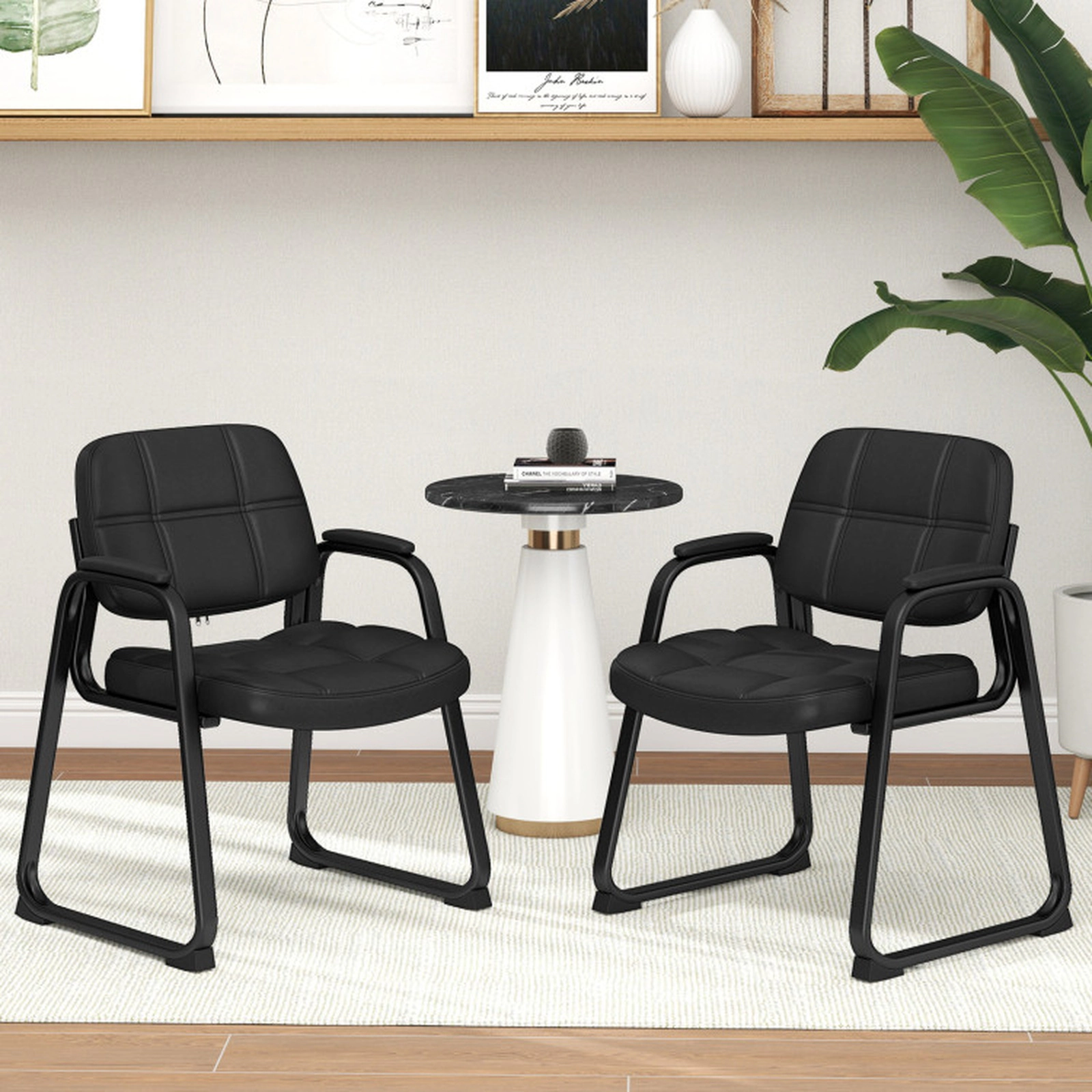 SUGIFT Set of 2 Padded PU Leather Sled Base Waiting Room Guest Chairs 23-in x 22.5-in x 32.5-in 330-lb Capacity Black