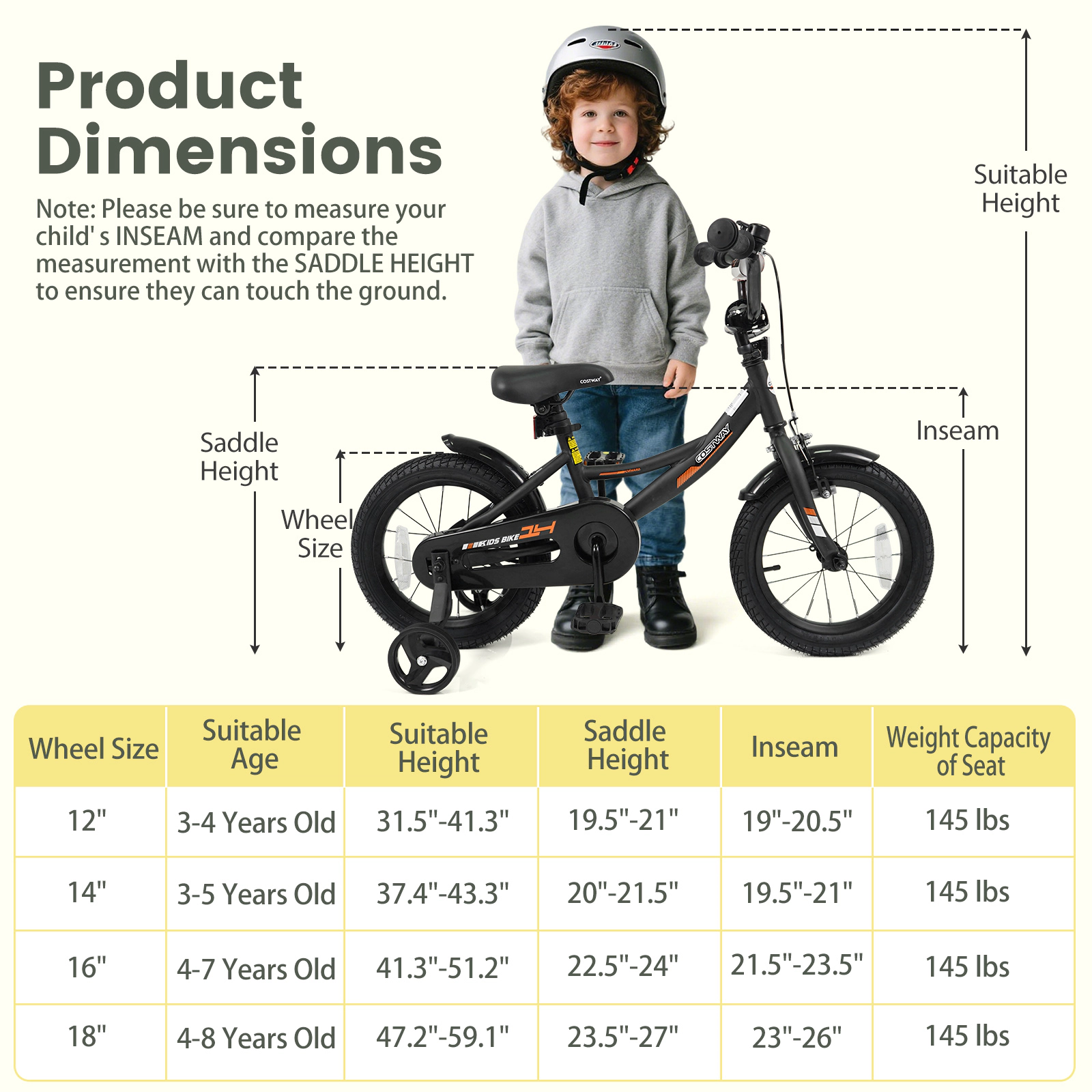 LJG 12/14/16/18 Inches Kids Bike with Removable Training Wheels and Adjustable Seatfor 3-8 Years Old Black