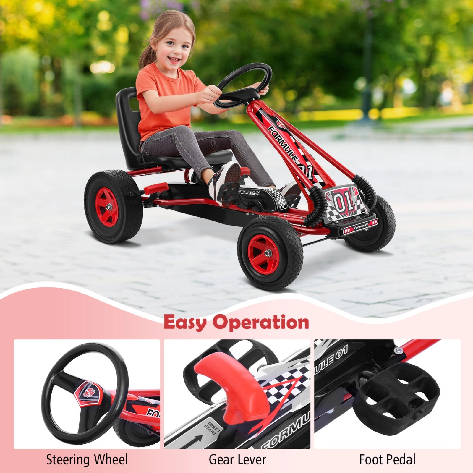 4-Wheel Pedal Go Kart for Ages 3-8 with Low Seat High Backrest and 3-Point Steering Wheel Indoor Outdoor Racer Pedal Car