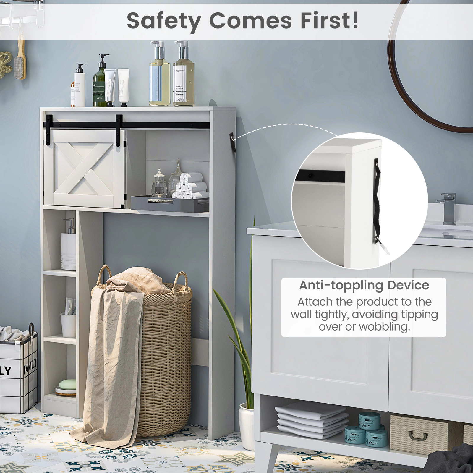 SUGIFT 4-Tier Over The Toilet Storage Cabinet Sliding Barn Door & Storage Shelves 154-lb Top Capacity White/Rustic Brown