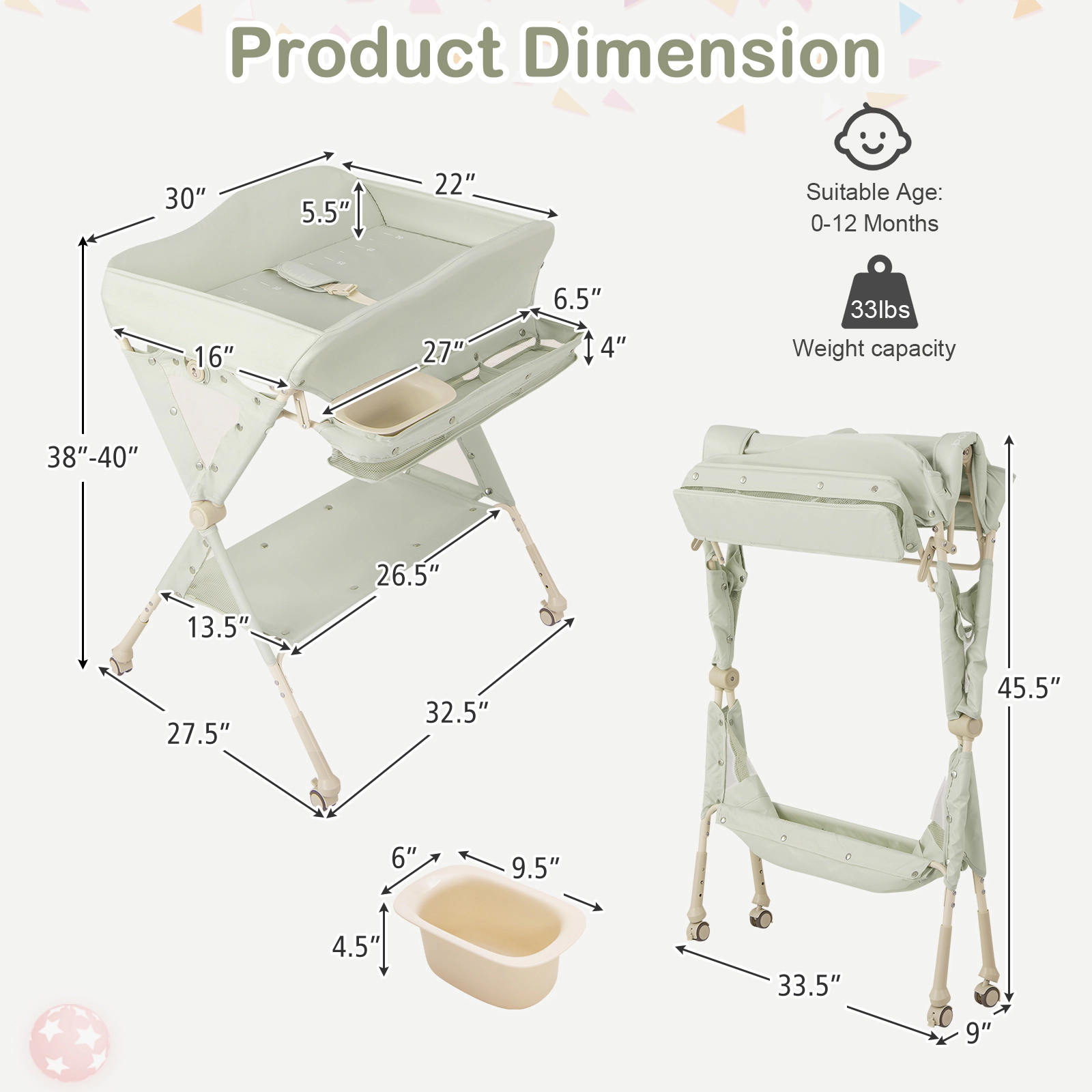 SUGIFT Baby Diaper Changing Table Green with Water Basin Growth Ruler and Wheels
