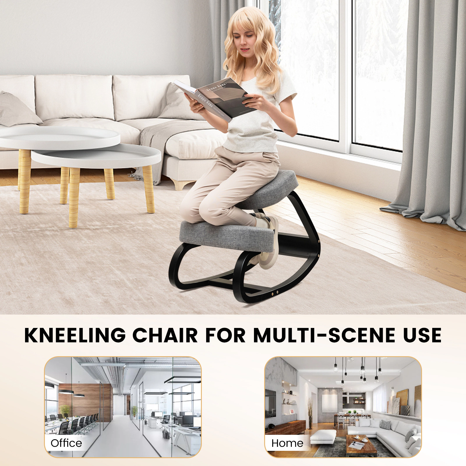 SUGIFT Backless Rocking Birch Wood Frame Padded Ergonomic Kneeling Chair 28-in x 18-in x 22-in 265-lb Capacity Gray