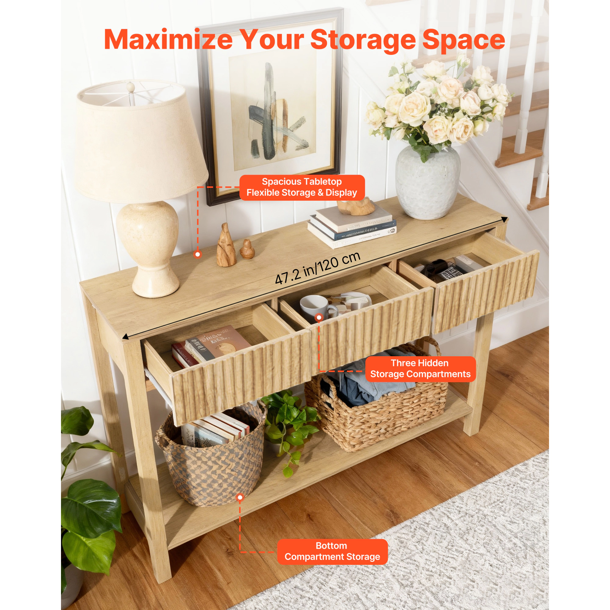 HONGGE Console Table Farmhouse Desk Behind the Couch Wooden Rectangle Entrance Narrow Sofa Table for Hallway Bedroom