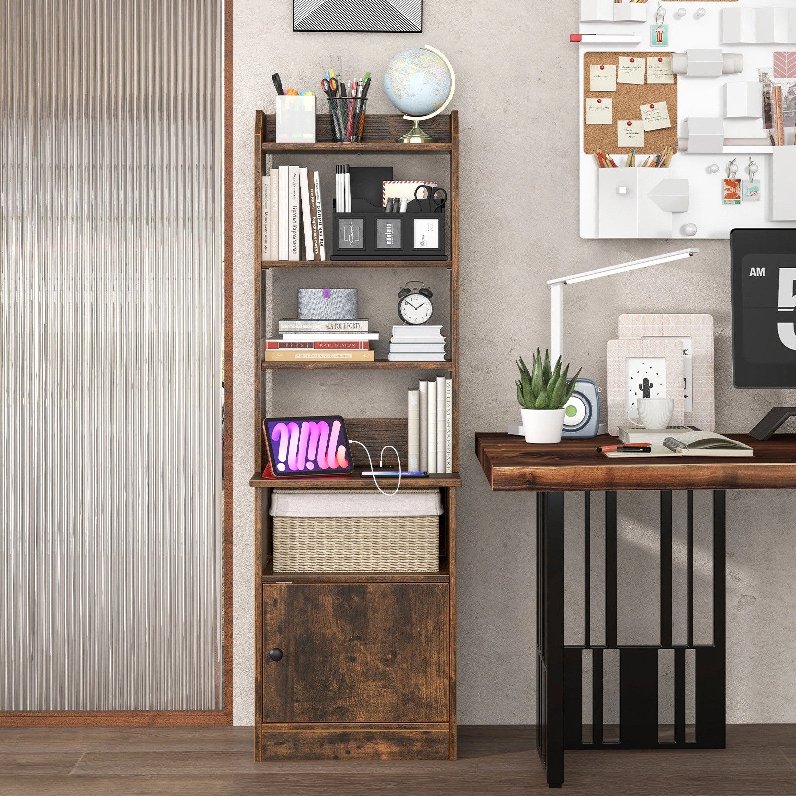 Costway Nightstand Bedside End Side Table Bookshelf w/ Charging Station