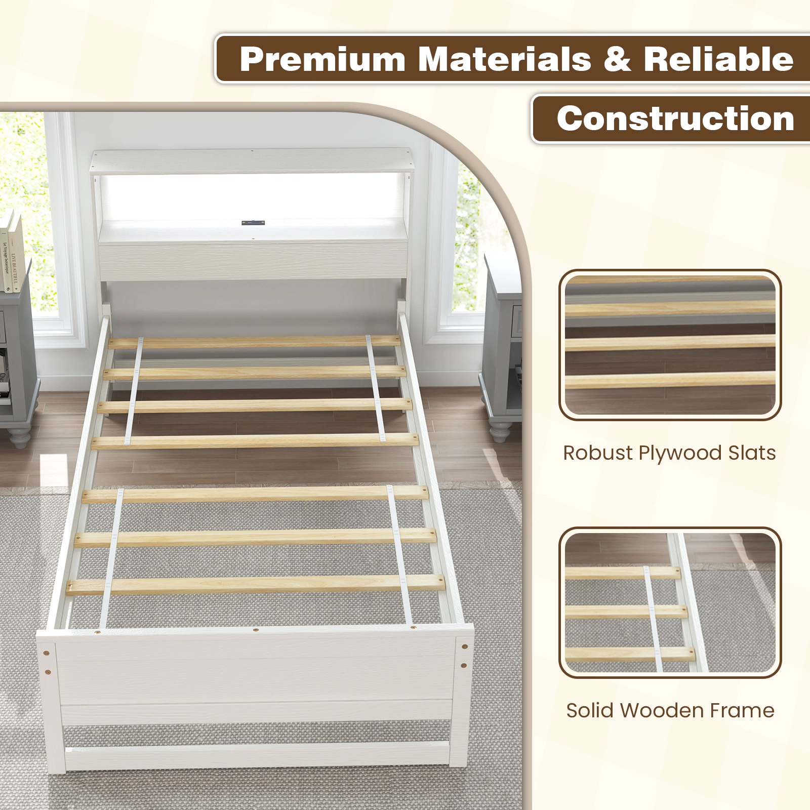 SUGIFT Twin Size Platform Toddler Bed Frame with Storage Headboard and Charging Station 200-lb Capacity White/Gray