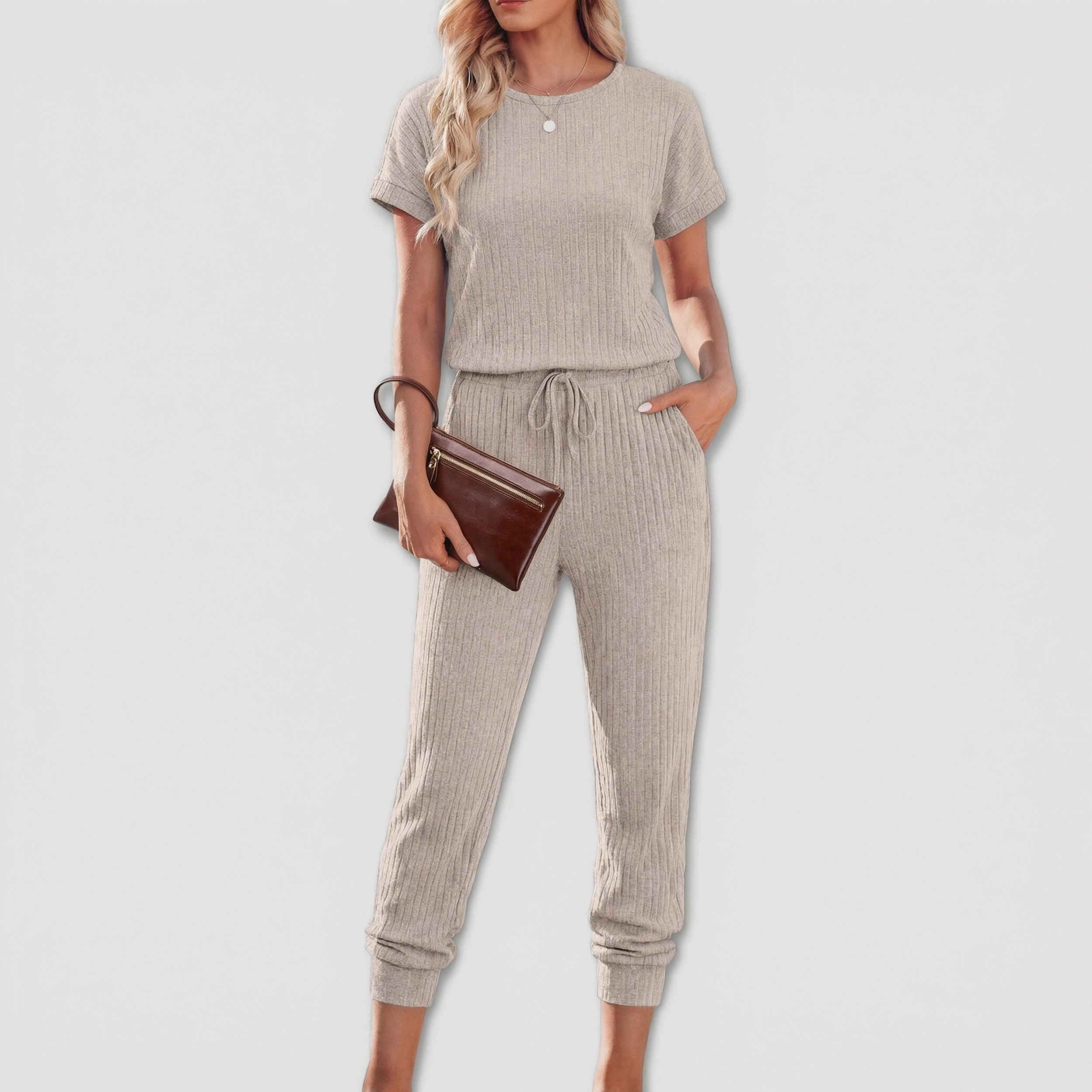 Ekouaer Women's Crew Neck Ribbed Top & Drawstring Jogger Pants Set
