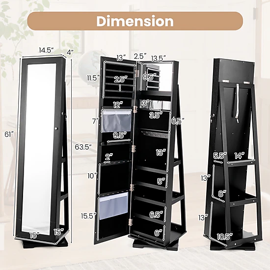 Hivvago Jewelry Organizer Cabinet With Full Length Mirror and Rotatable Storage