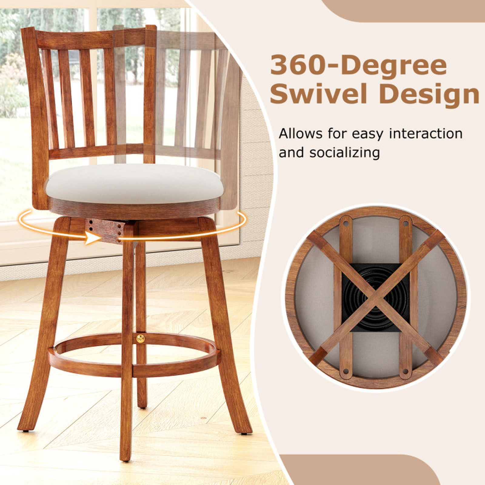 SUGIFT Set of 4 30.5-in Seat H Swivel Backrest and Upholstered Seat Bar Height Chairs Driftwood