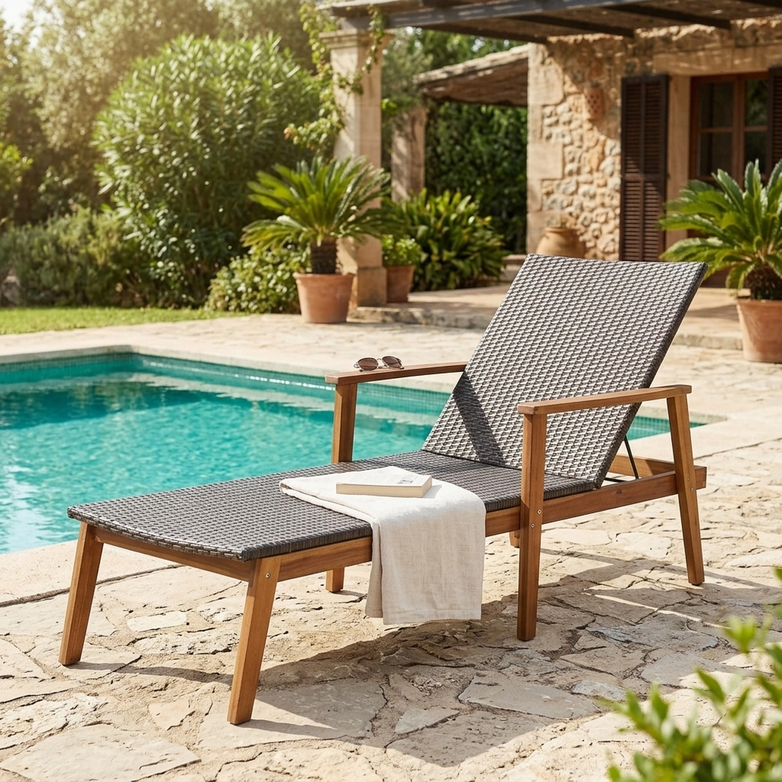 SUGIFT Patio Chaise Lounge, Adjustable Backrest, Acacia Wood Frame, Mixed Brown PE Wicker
