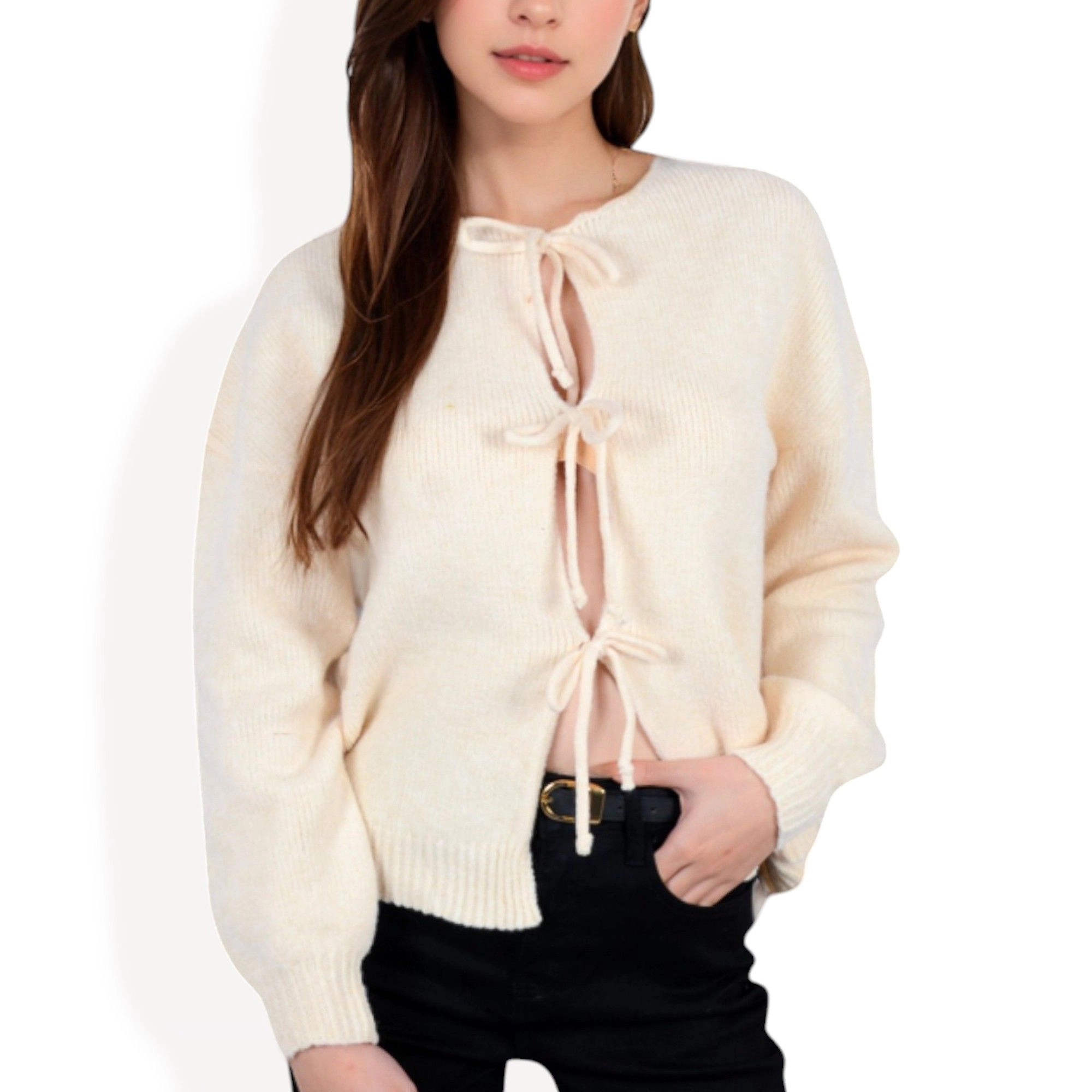 Anna-Kaci Women's Tie Front Knit Cardigan with Long Sleeves and Open