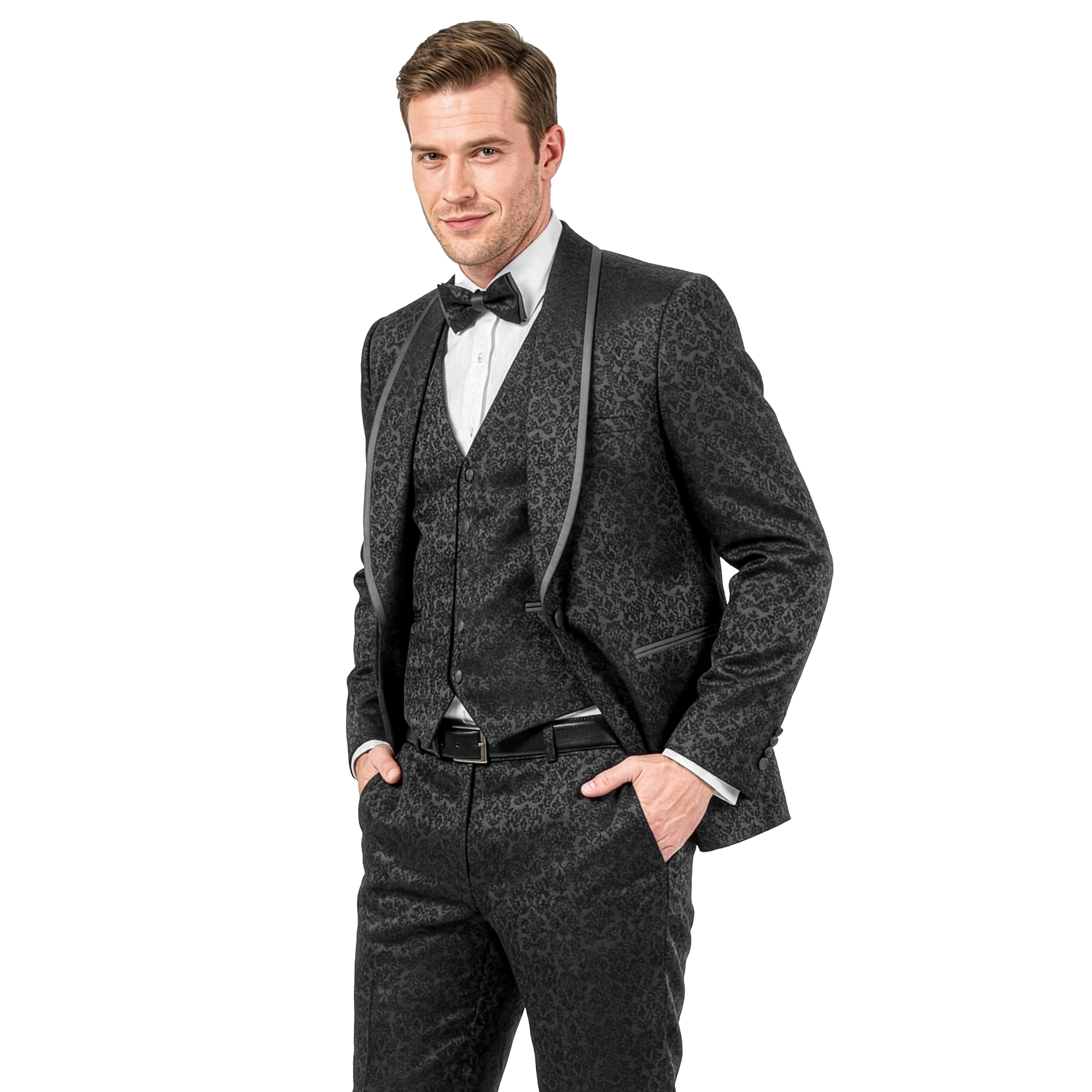 Tazzio Men's Skinny Fit 3-Piece Paisley Tuxedo Set, Shawl Collar