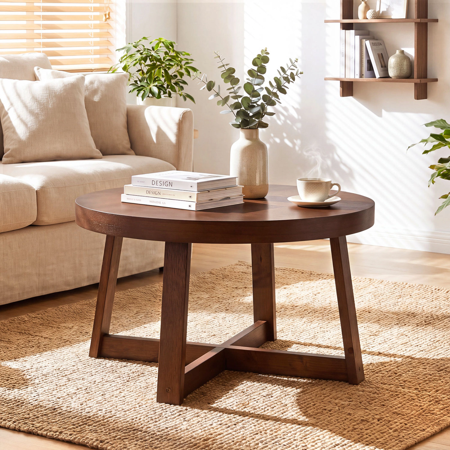 LJG Round Coffee Table for Living Room 30 Inch Farmhouse Accent with Study Rubber Wood Legs