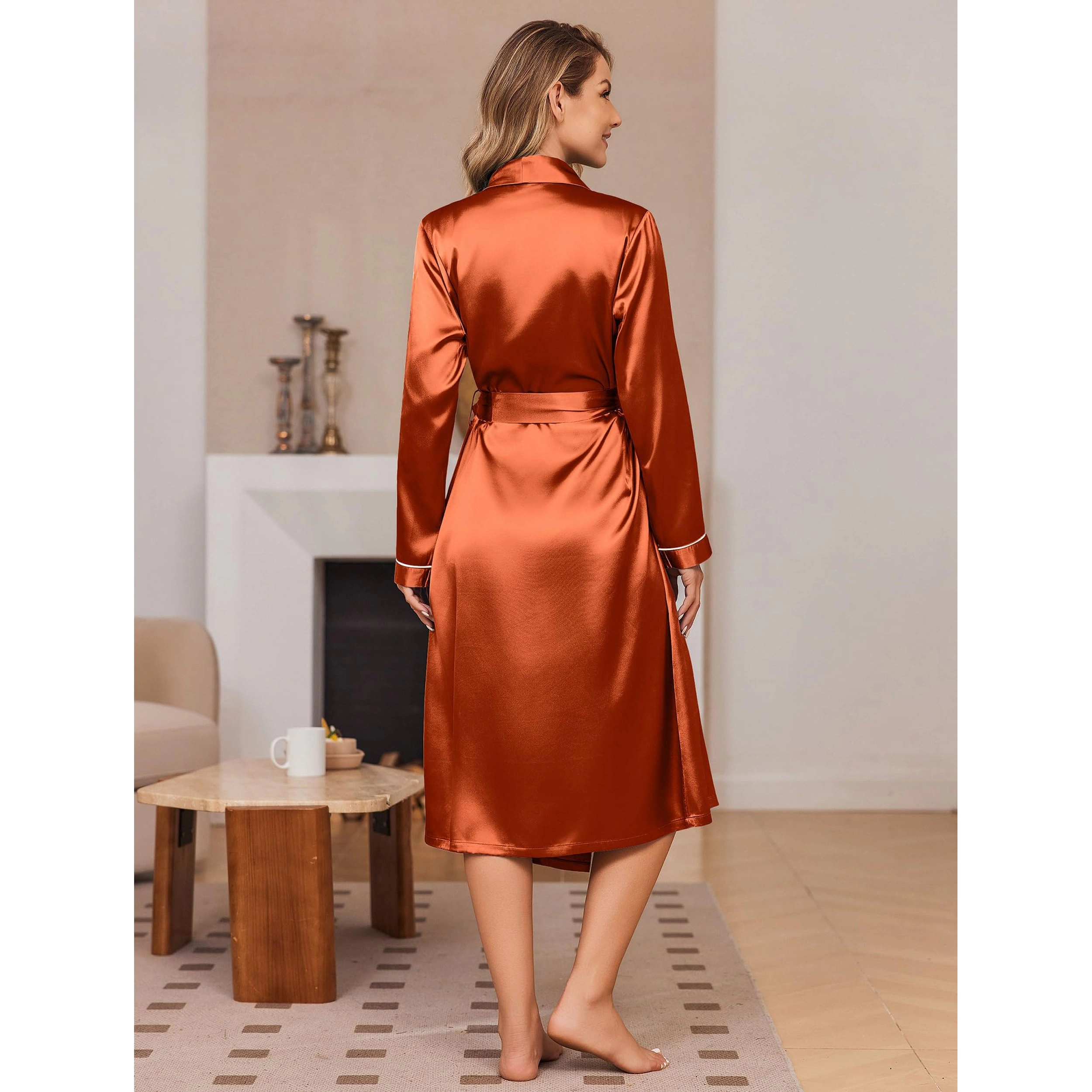 Ekouaer Women's Satin Long Sleeve Kimono Robe V Neck Sleepwear Loungewear