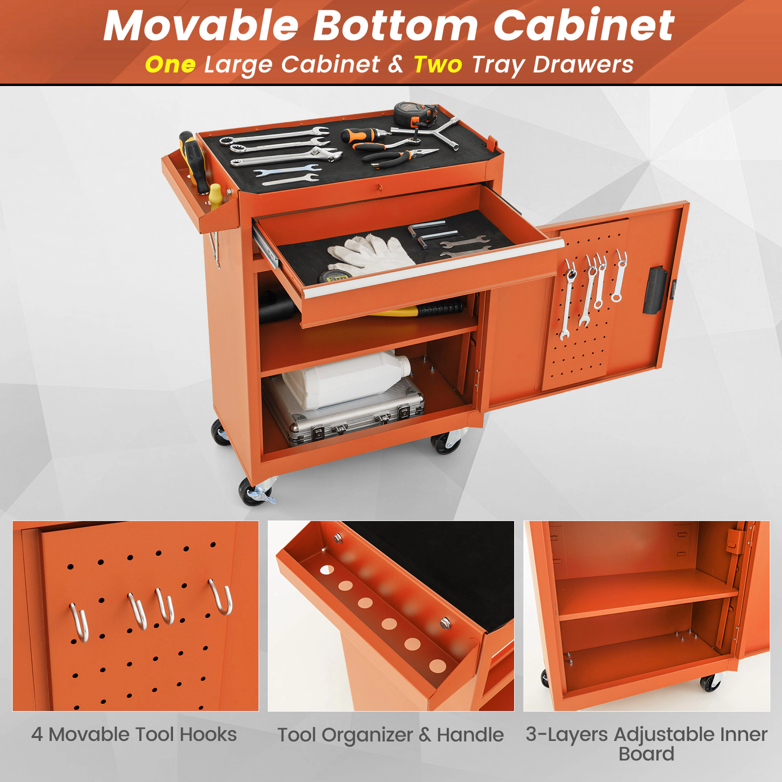 SUGIFT 2-in-1 Steel Tool Chest and Cabinet with 5 Sliding Lockable Drawers 220.5-lb Capacity 23 x 11 x 40.5 in Orange