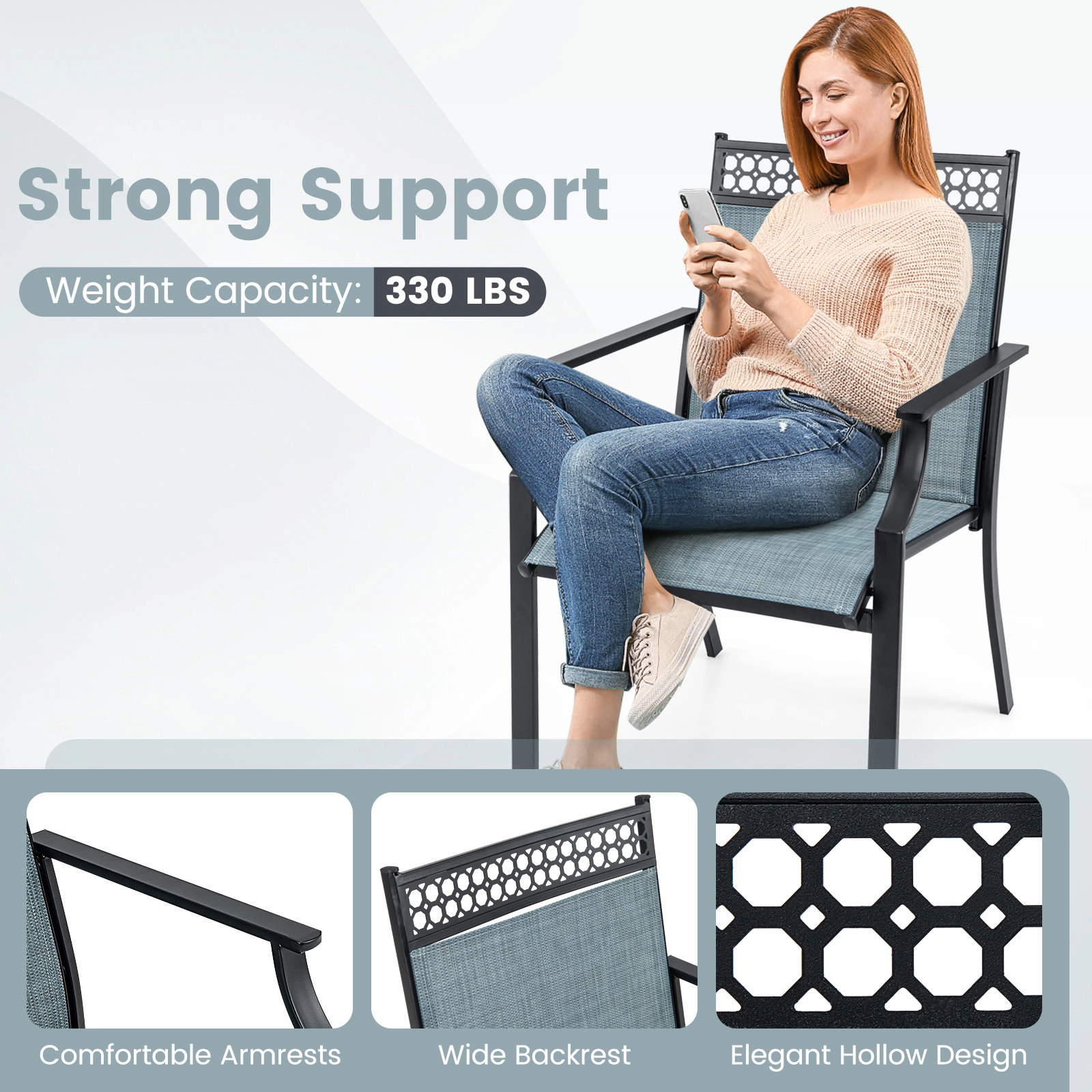 SUGIFT All Weather Breathable Fabric Patio Dining Chairs Set of 2 26 x 24 x 35.5 in 330 lbs Capacity Blue