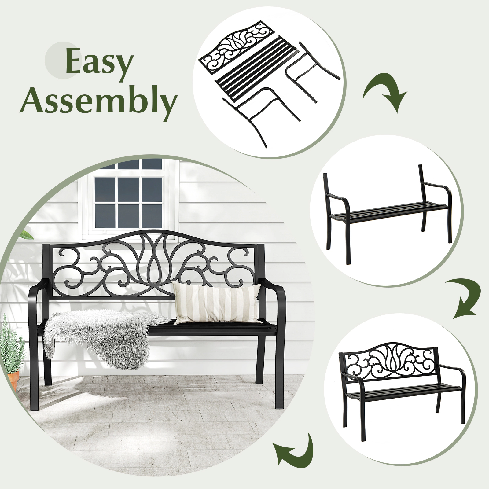 SUGIFT 50 in Outdoor Garden Bench Black Cast Iron Backrest with Floral Design and Slatted Seat