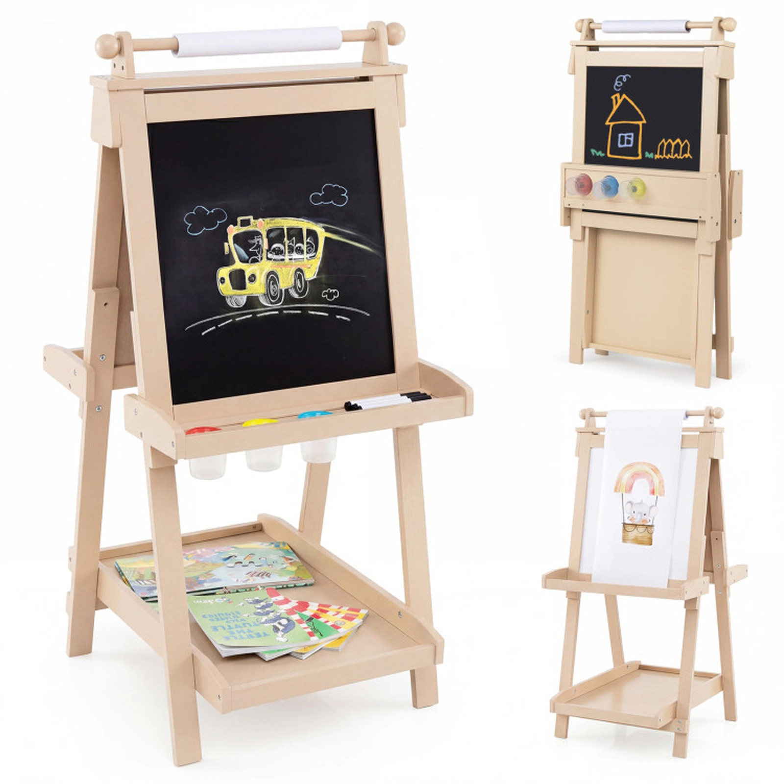 SUGIFT 3-in-1 Double-sided Art Easel with Chalkboard and Magnetic Whiteboard 33-lb Tray Capacity Ages 3+ Natrual