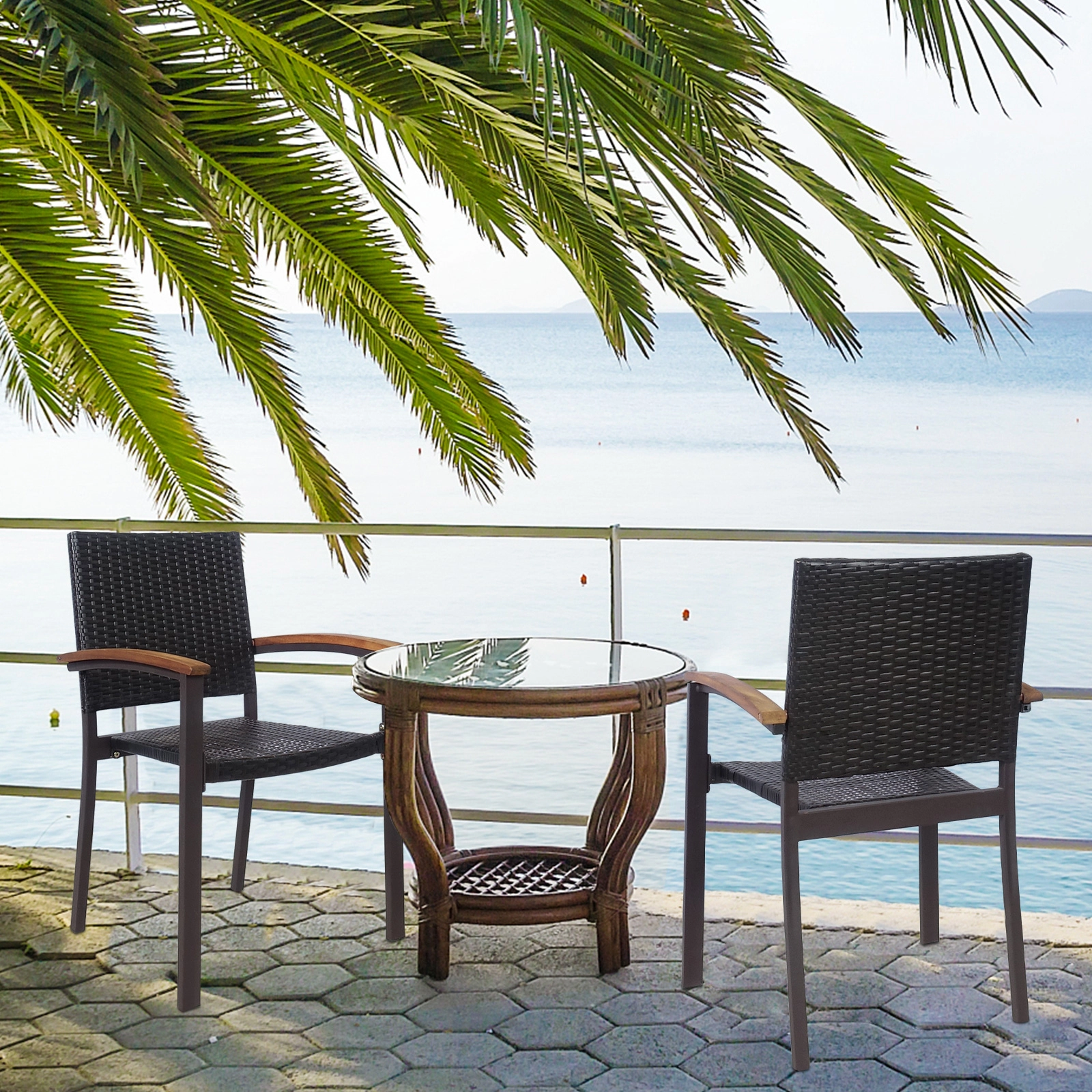 SUGIFT Outdoor Patio Dining Armchairs Set of 2, Stackable PE Rattan Wicker, Acacia Wood Arms