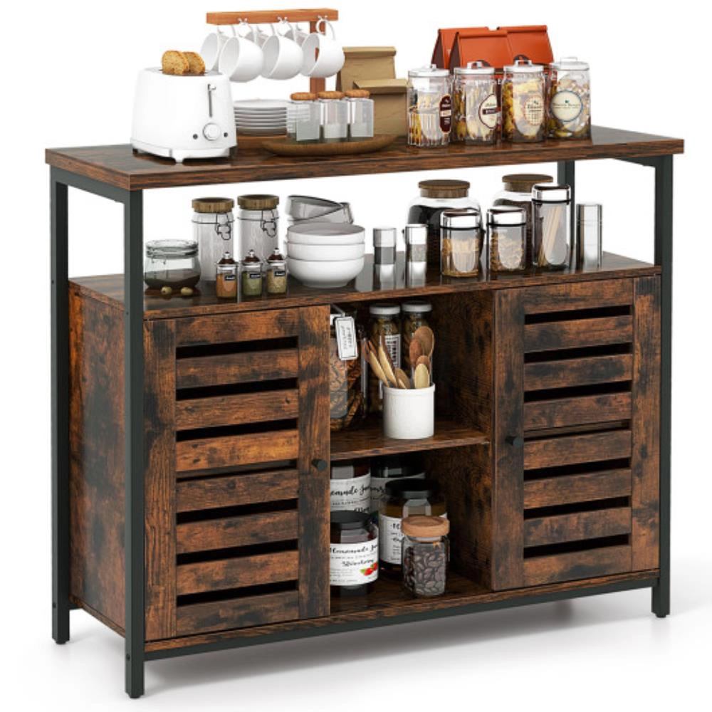 Hivvago Buffet Cabinet Storage Cabinet with Push-to-Open Slatted Door and 3 Adjustable Shelves