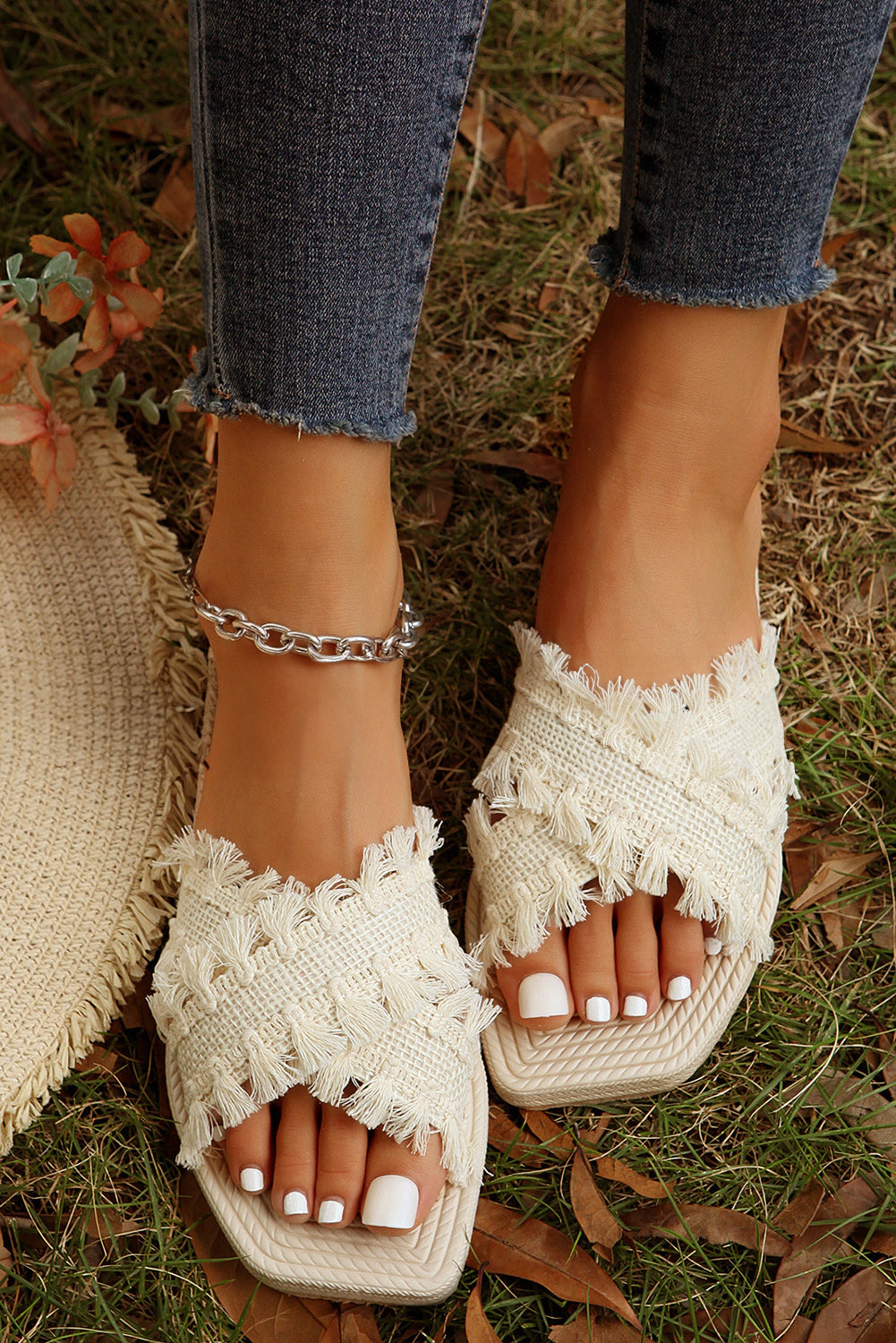 Threaded Pear Women's Vada Tassel Woven Crossed Straps Flat Slippers