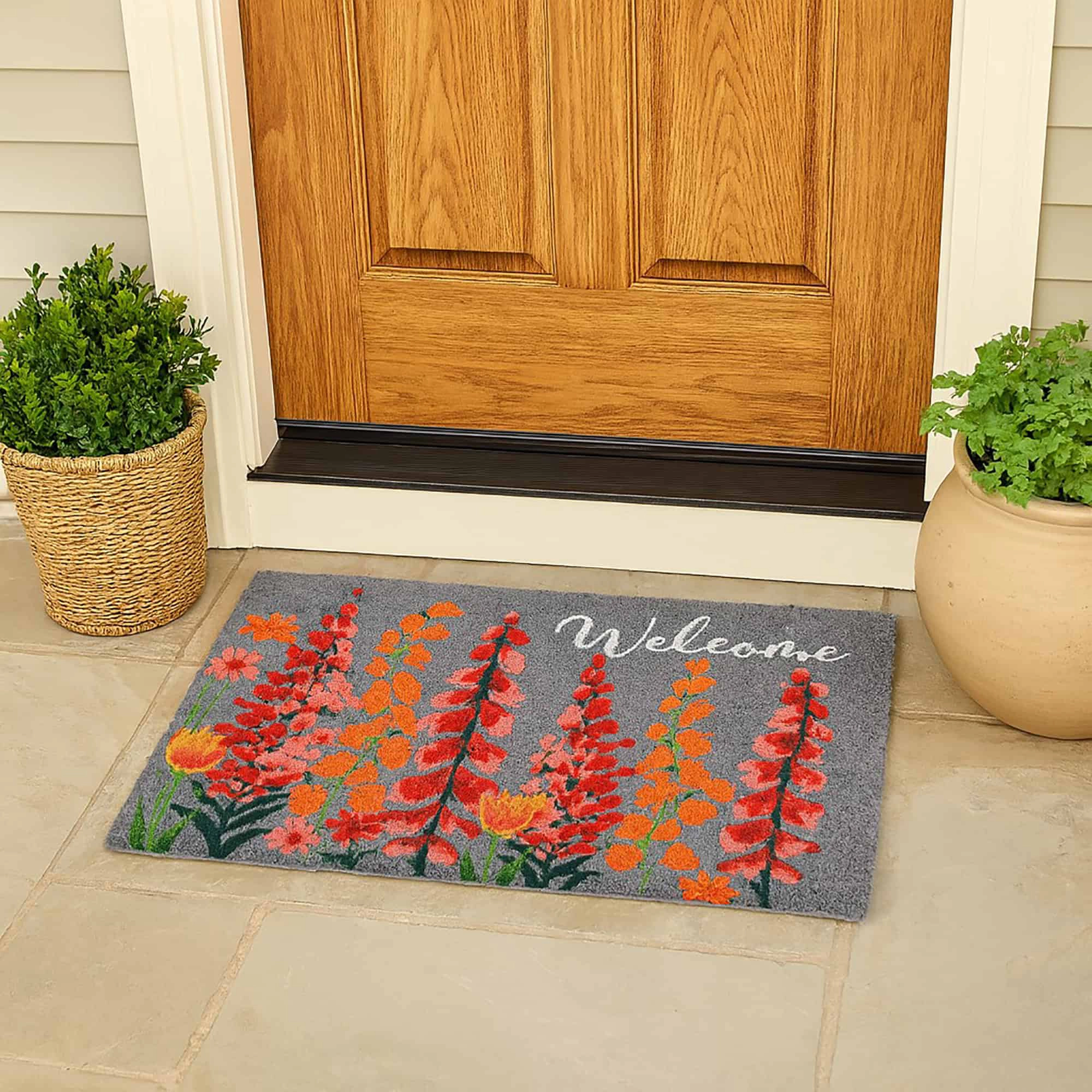 Evideco French Home Goods Gray Floral Welcome Coir Doormat 30 x 18 Inches