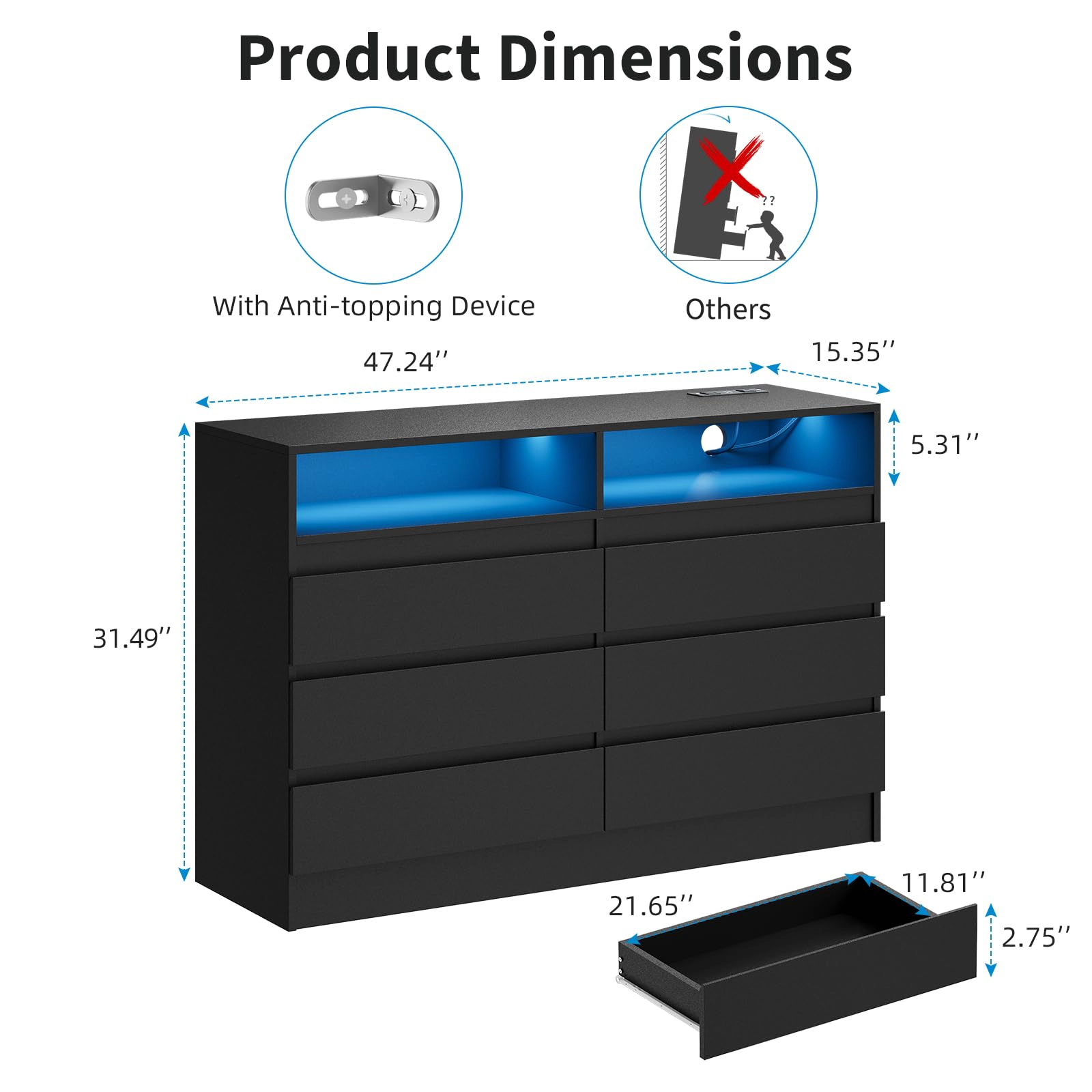 6 Drawer Dresser with Charging Station & LED Lights, Modern Chest Power Outlets for Bedroom