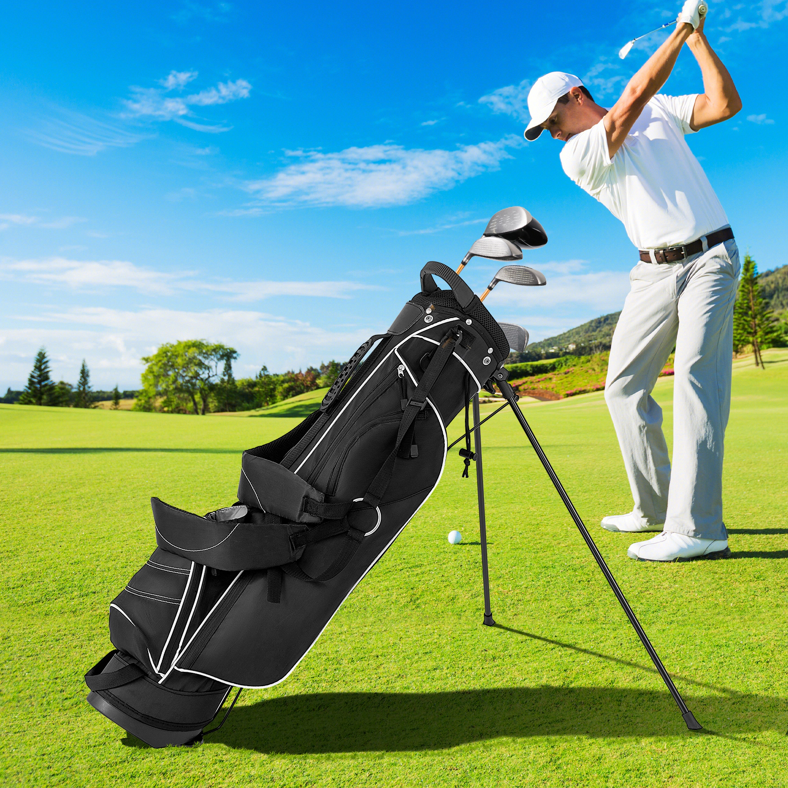 SUGIFT 4-Way Divider Golf Stand Cart Bag with Dual Strap and Organizer Pockets 35-in Long Blue/Black