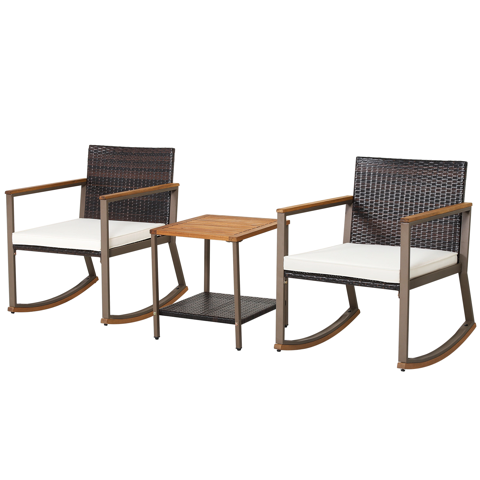 SUGIFT 3-Piece Off White Rattan Rocking Bistro Set with 2 Chairs and 2-Tier Acacia Wood Table